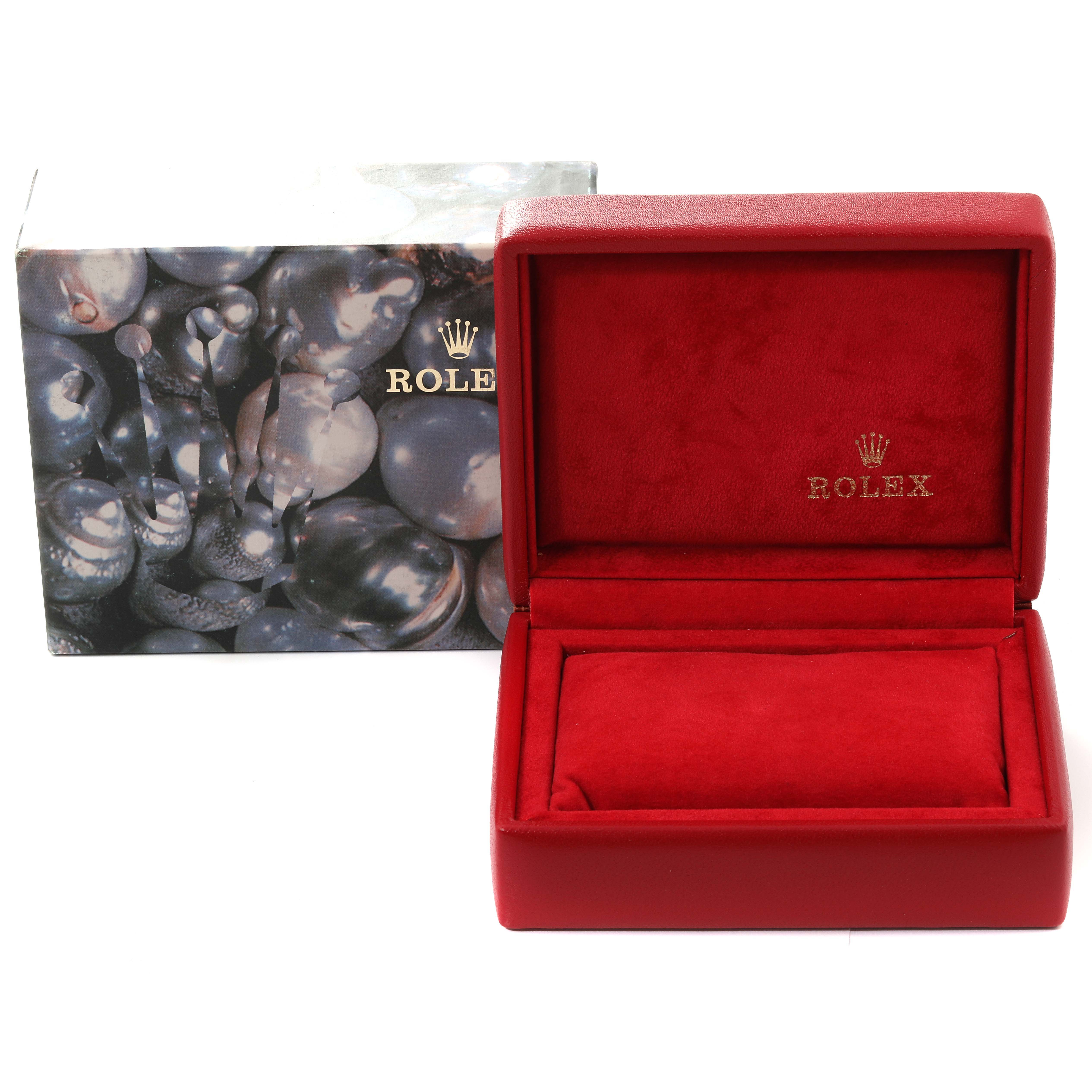 This image shows an open red Rolex Datejust 69173G Women's Steel and Gold (two tone) White Dial 69173G Women's Steel and Gold (two tone) White Dial watch box with the branded exterior packaging in the background.