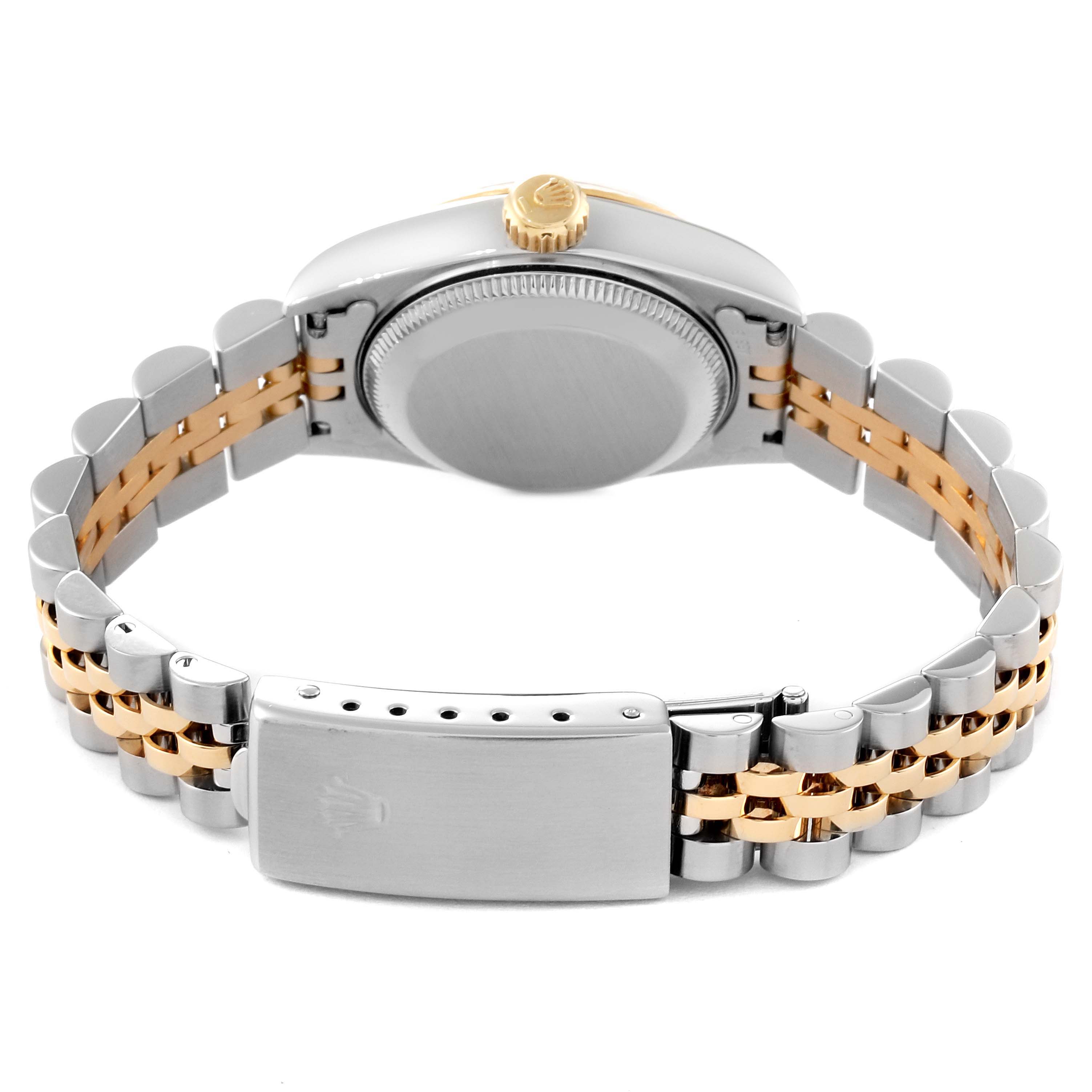 The image shows the back case and bracelet of a Rolex Datejust 69173G Women's Steel and Gold (two tone) White Dial 69173G Women's Steel and Gold (two tone) White Dial watch, viewed from a rear angle.