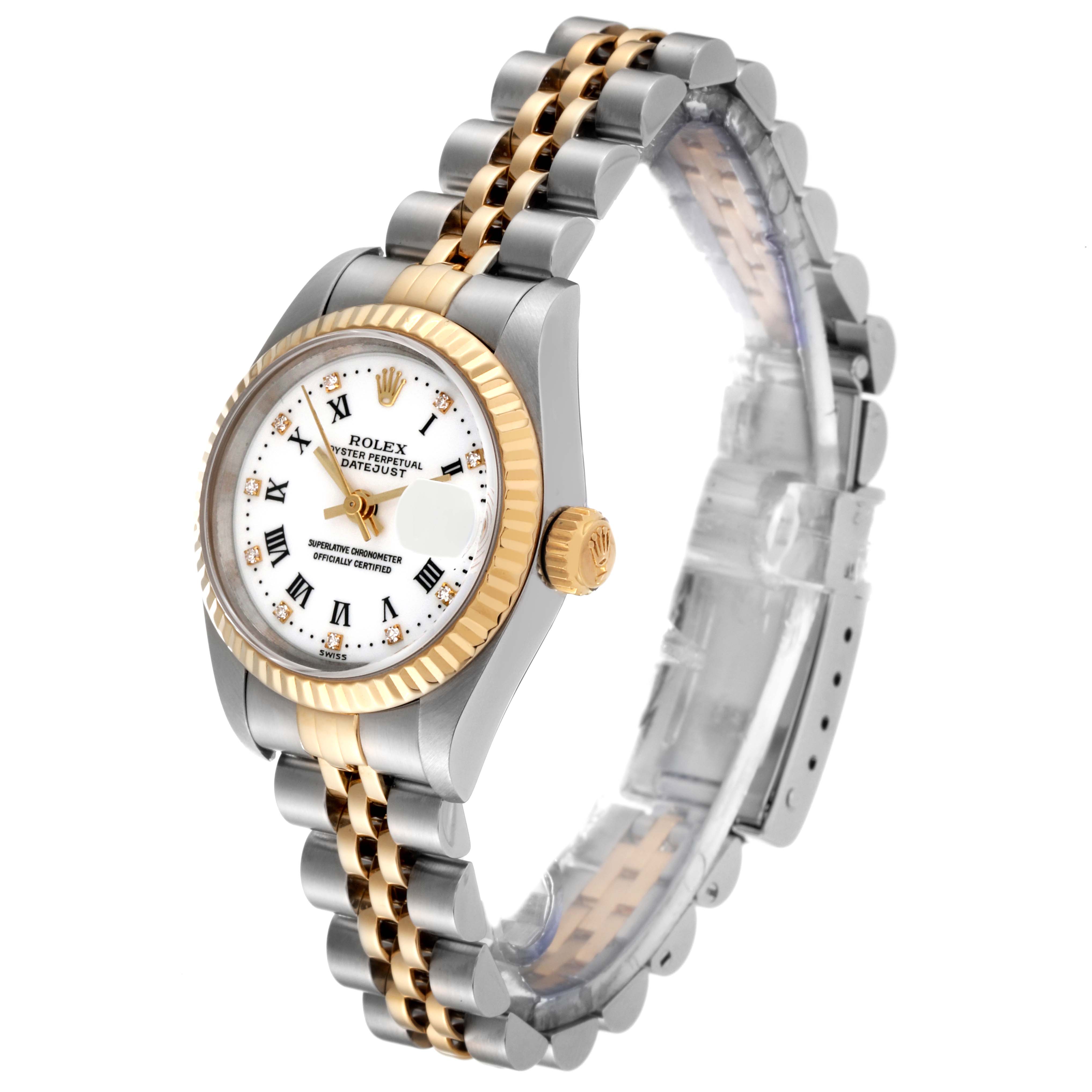 The Rolex Datejust 69173G Women's Steel and Gold (two tone) White Dial 69173G Women's Steel and Gold (two tone) White Dial watch is shown at a slight angle, displaying the face, bezel, crown, and part of its two-tone bracelet.