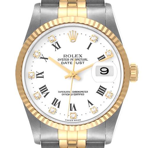 This image displays a frontal view of the Rolex Datejust watch, showing its dial, bezel, and partial bracelet.