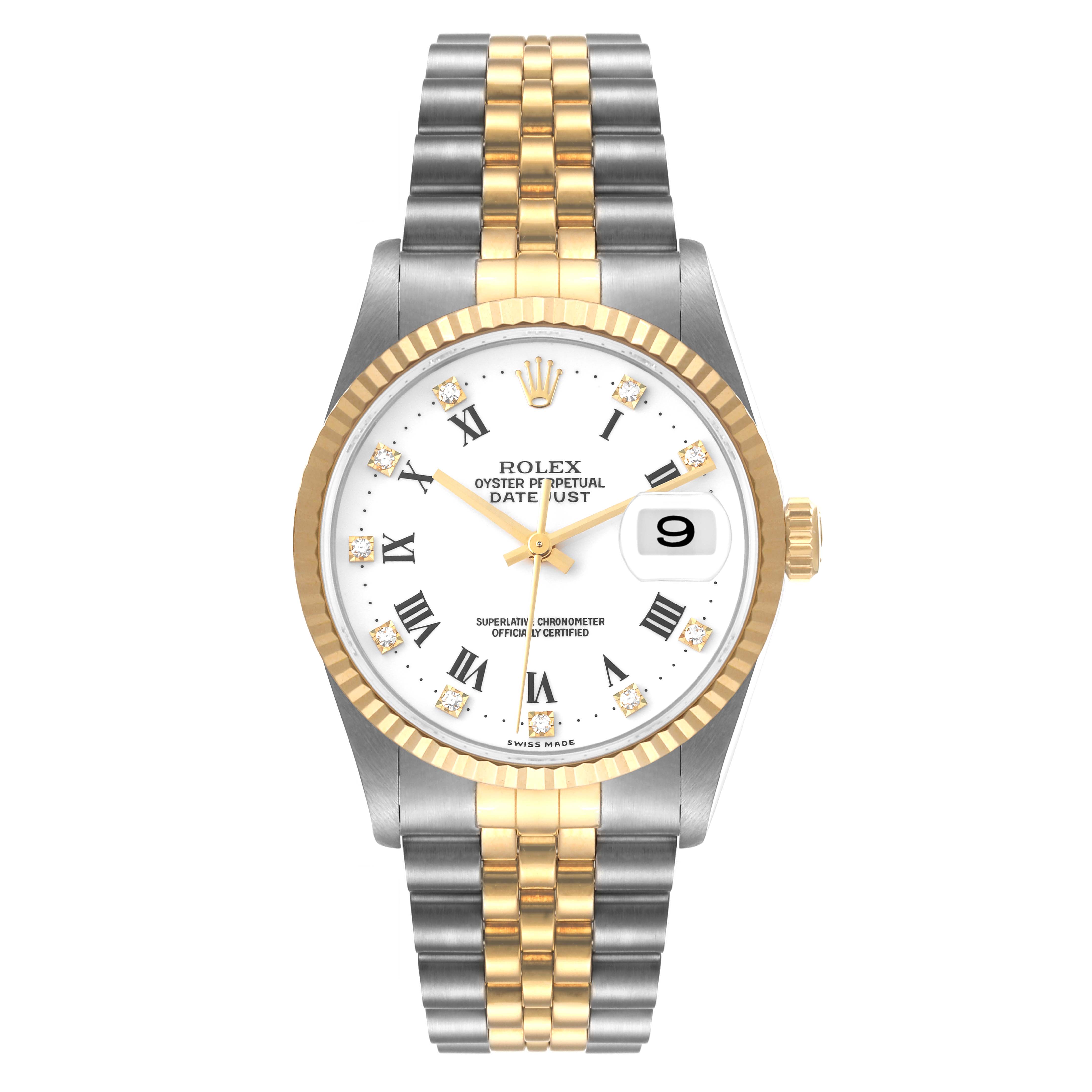The image shows a frontal view of a Rolex Datejust 16233 Men's Steel and Gold (two tone) White Dial 16233 Men's Steel and Gold (two tone) White Dial watch with a two-tone metal band and a date display at the 3 o'clock position.