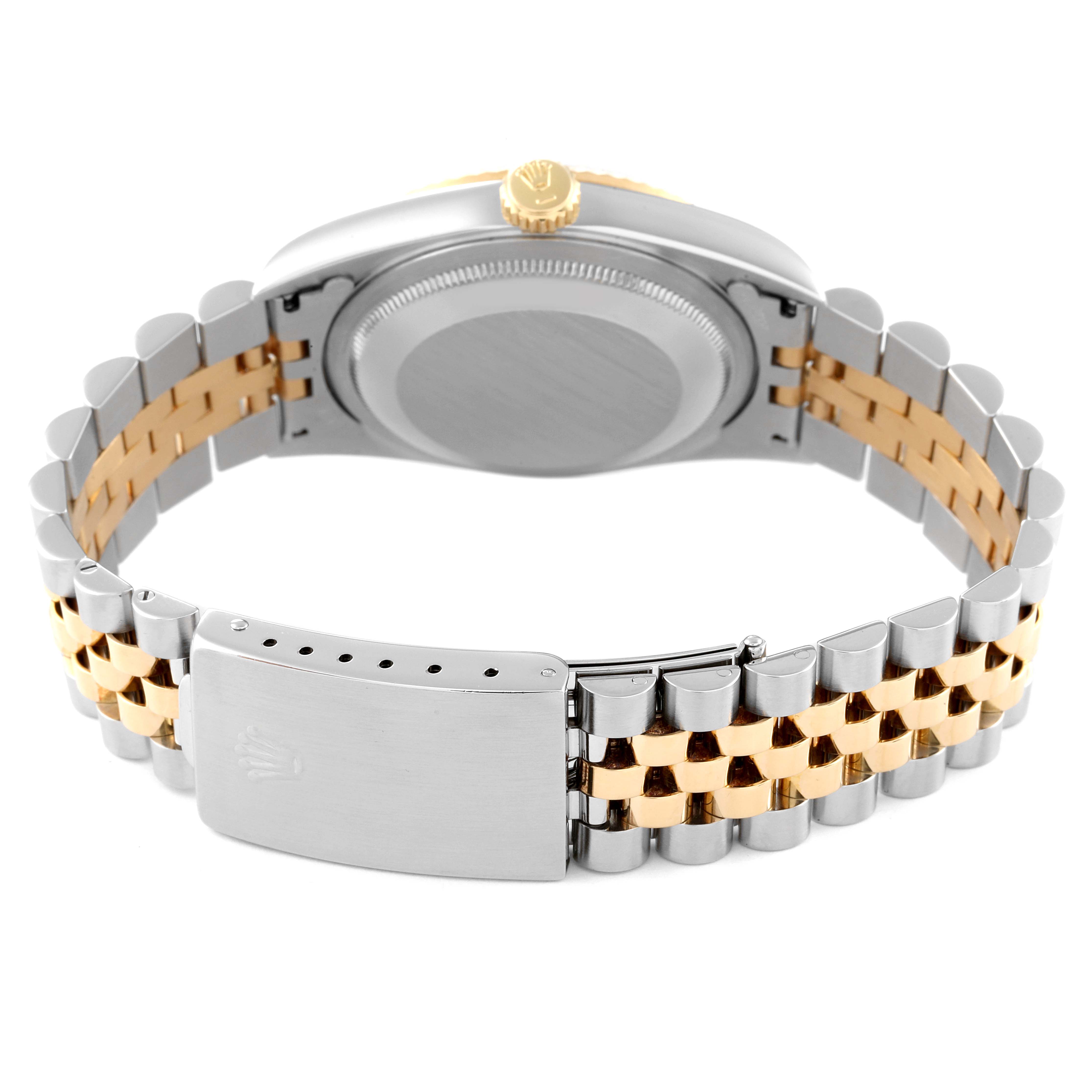 This image shows the back and clasp of a Rolex Datejust 16233 Men's Steel and Gold (two tone) White Dial 16233 Men's Steel and Gold (two tone) White Dial watch with a two-tone metal bracelet.