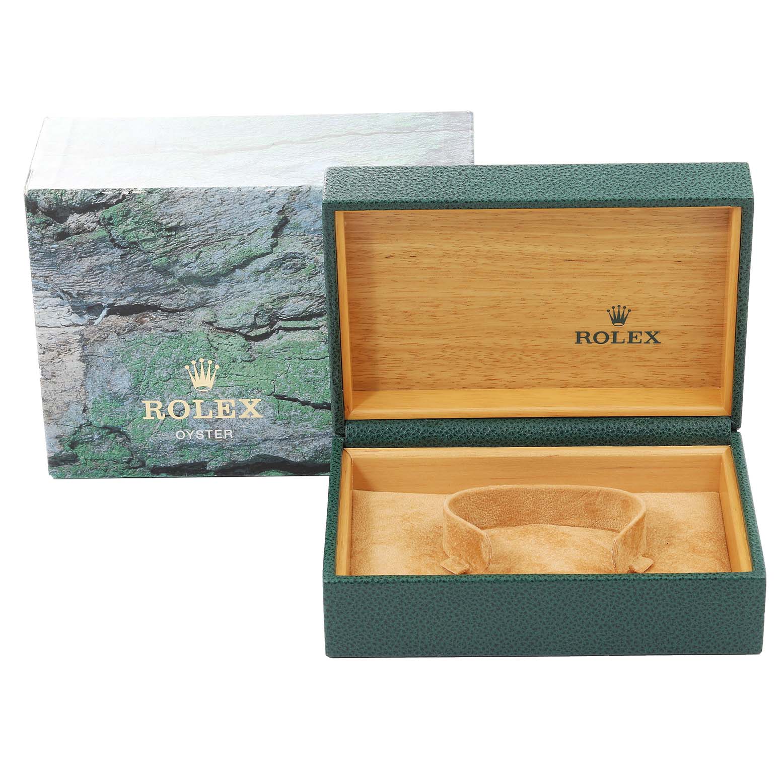 This image shows an open Rolex Datejust 16233 Men's Steel and Gold (two tone) White Dial 16233 Men's Steel and Gold (two tone) White Dial watch box, displaying its wooden interior and green exterior.