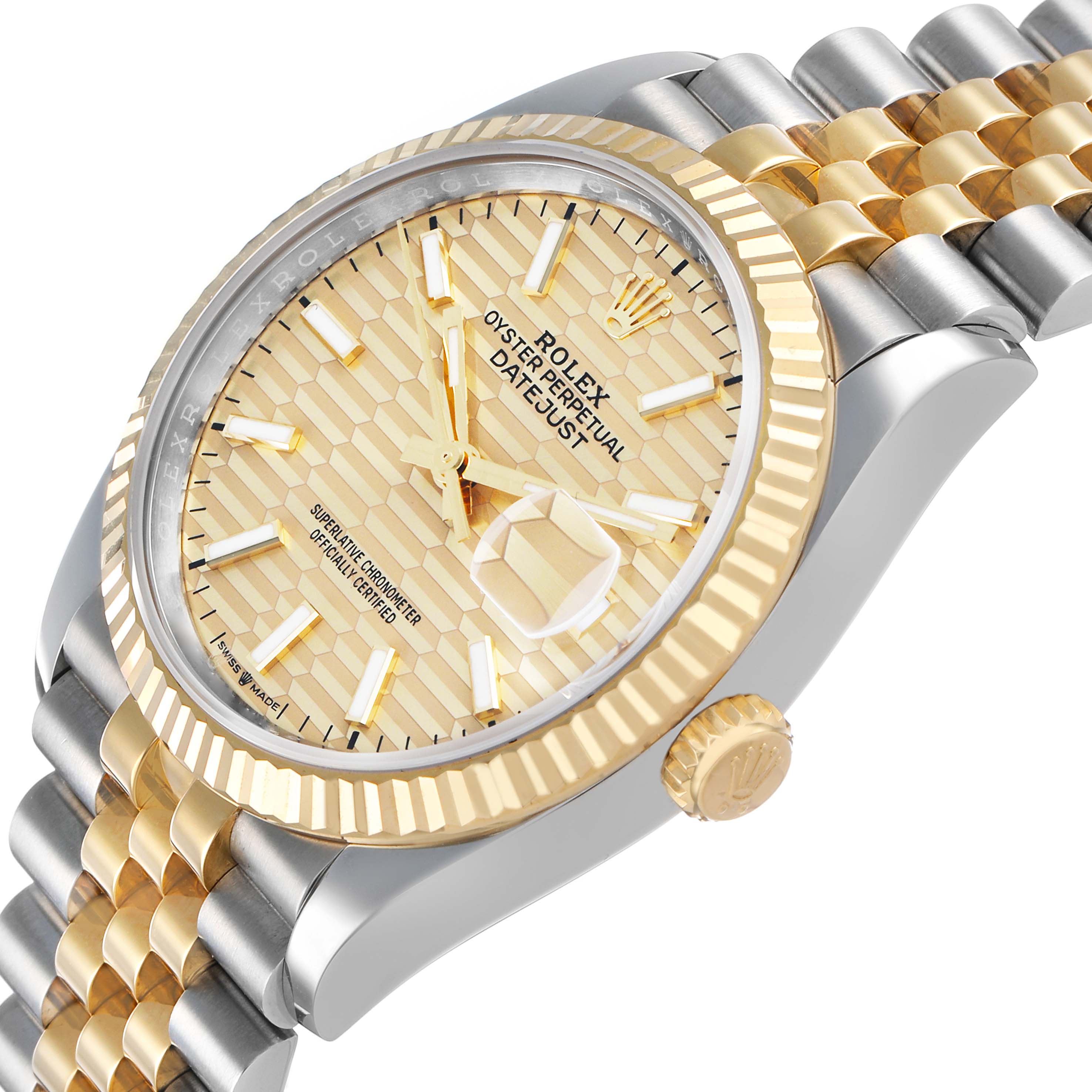 The Rolex Datejust 126233 Men's Steel and Gold (two tone) Champagne Dial is shown from a side angle, highlighting its bezel, dial, crown, and part of the bracelet.