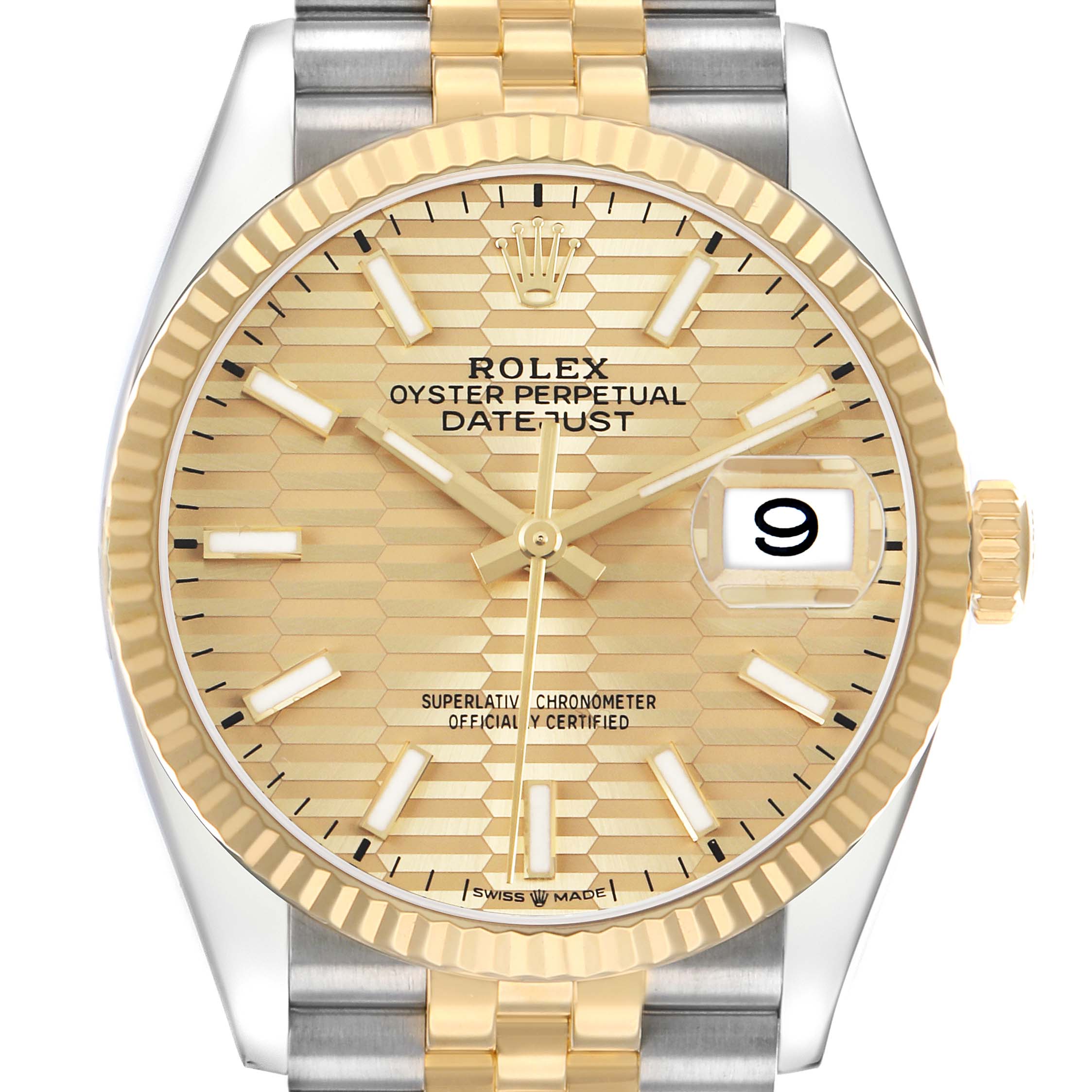 The Rolex Datejust 126233 Men's Steel and Gold (two tone) Champagne Dial watch is shown from a front angle, highlighting the dial, fluted bezel, and part of the bracelet.
