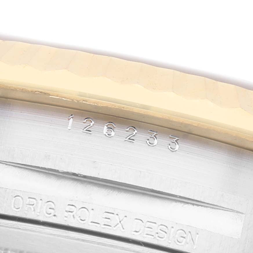 The image shows a close-up of the Rolex Datejust 126233 Men's Steel and Gold (two tone) Champagne Dial model, highlighting the model number and "Orig. Rolex Design" engravings.