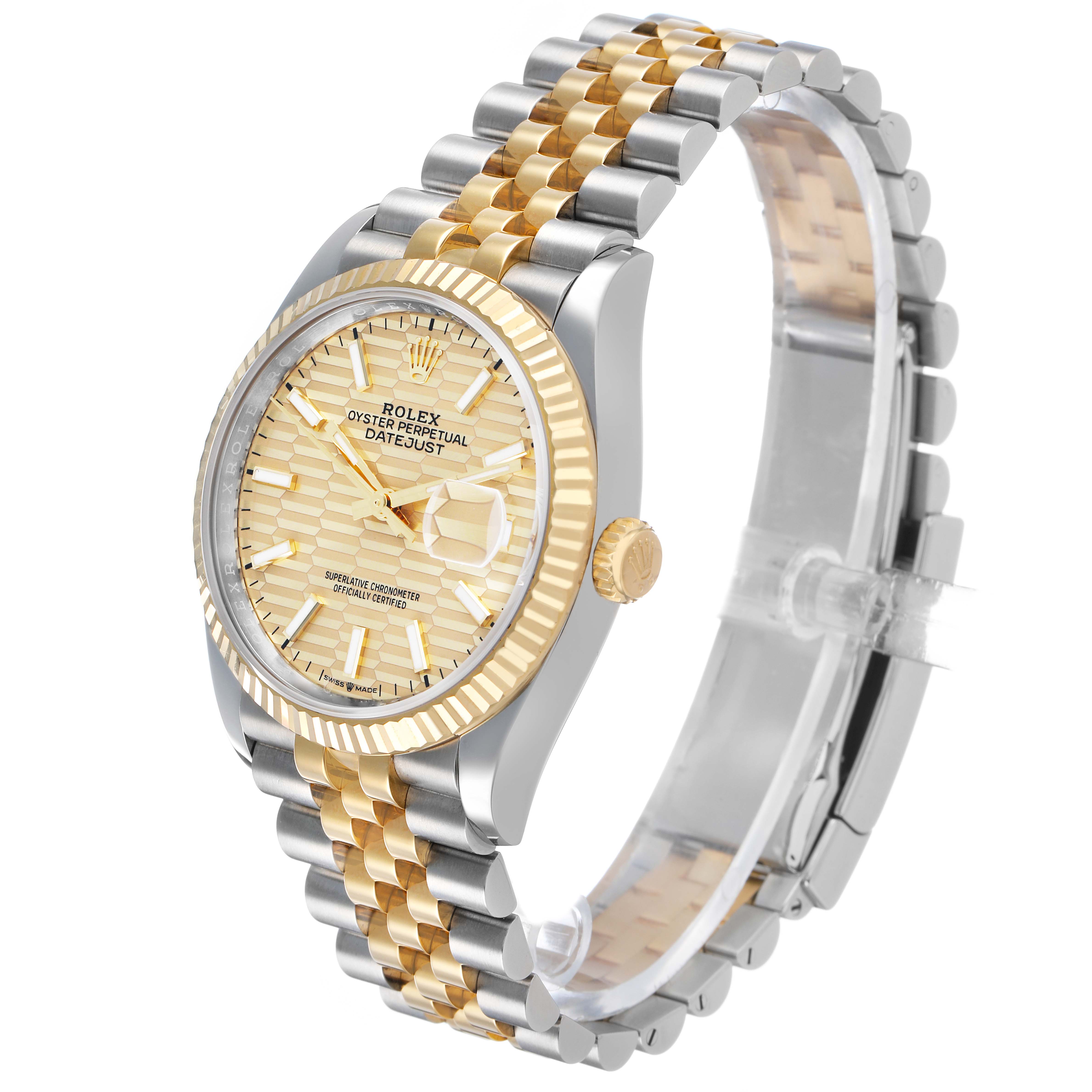 The Rolex Datejust 126233 Men's Steel and Gold (two tone) Champagne Dial watch is shown at an angled side view, highlighting the dial, fluted bezel, crown, and jubilee bracelet.
