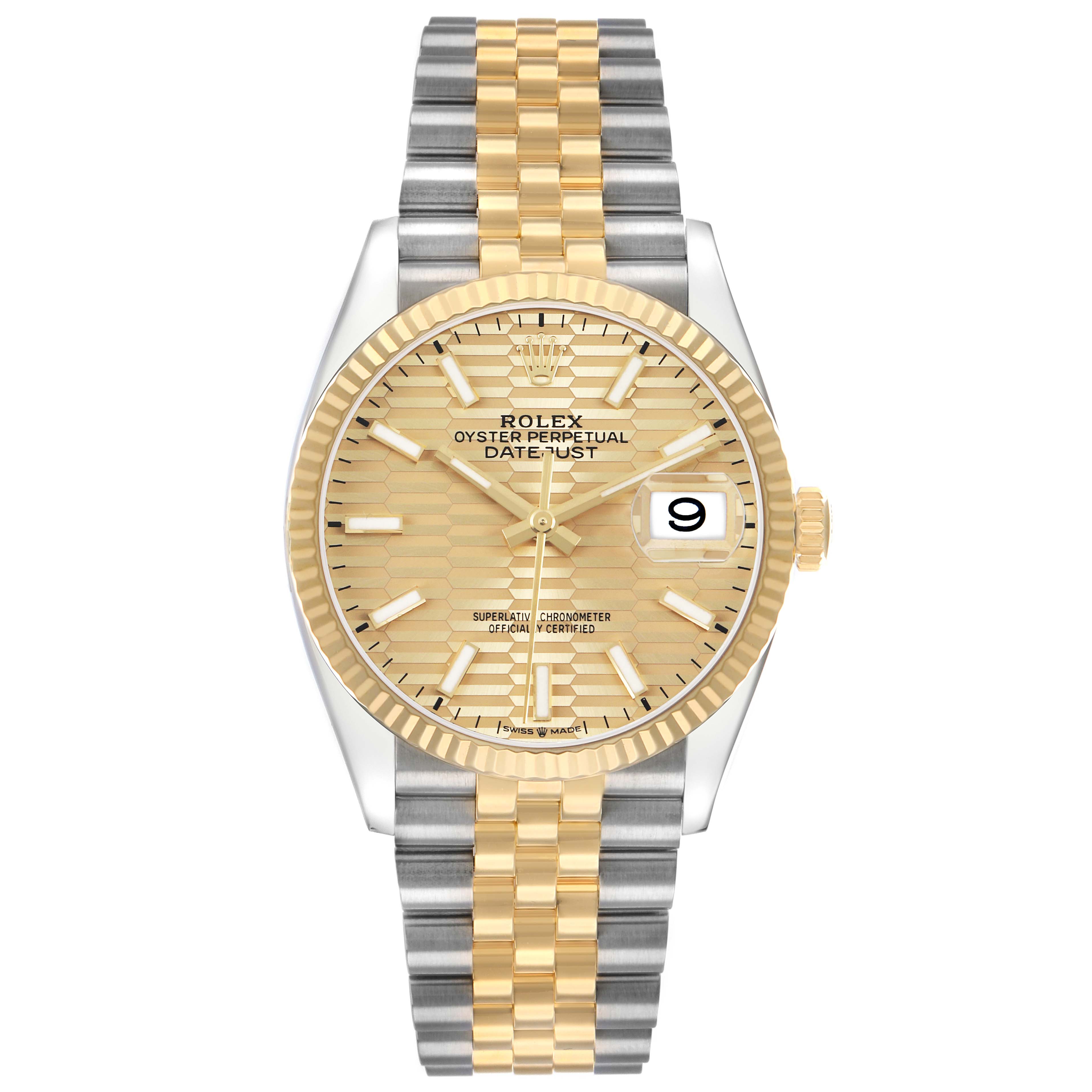 The Rolex Datejust 126233 Men's Steel and Gold (two tone) Champagne Dial watch is shown from the front, displaying the dial, fluted bezel, and two-tone jubilee bracelet.