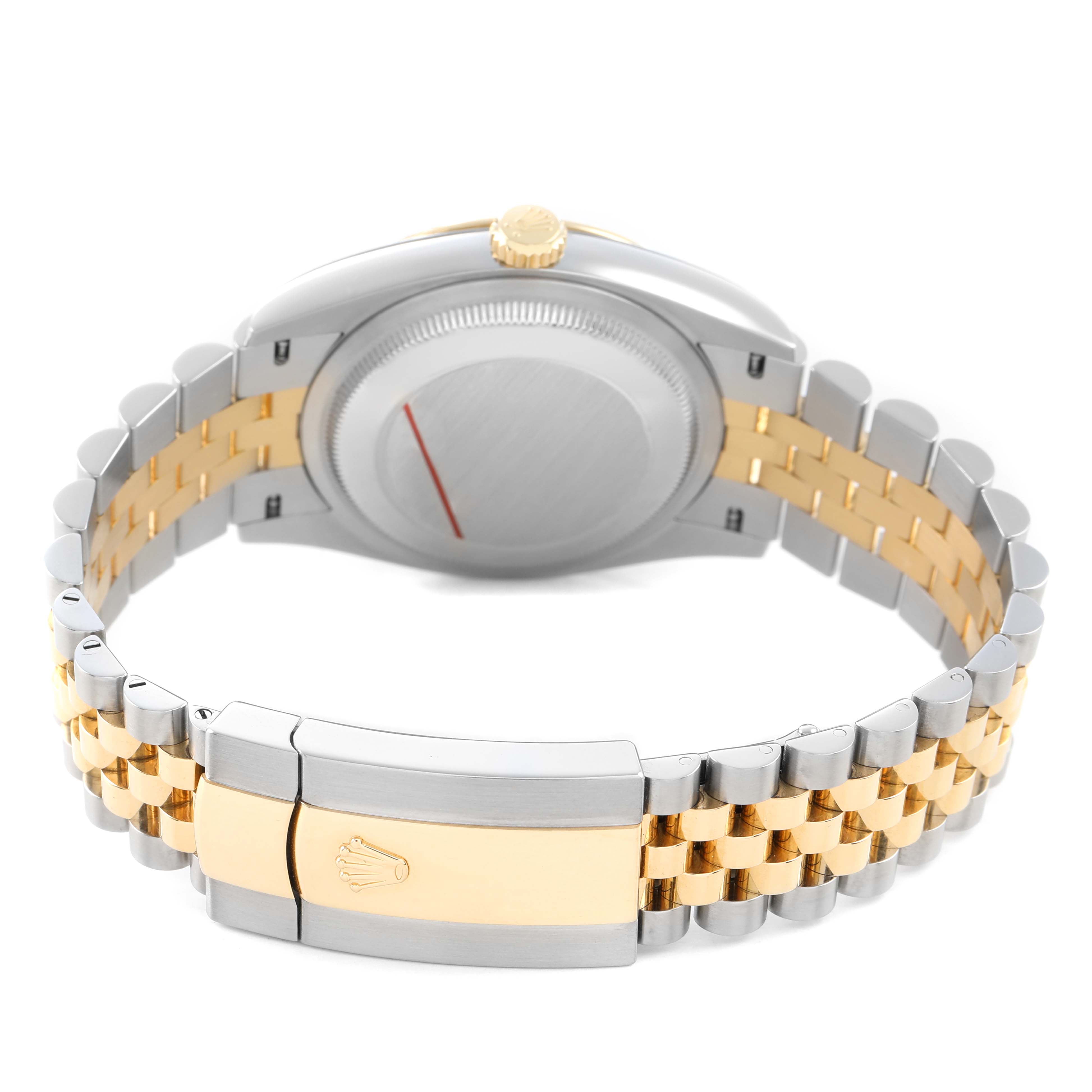 The image shows the back and clasp of a Rolex Datejust 126233 Men's Steel and Gold (two tone) Champagne Dial, highlighting the two-tone bracelet and crown logo.