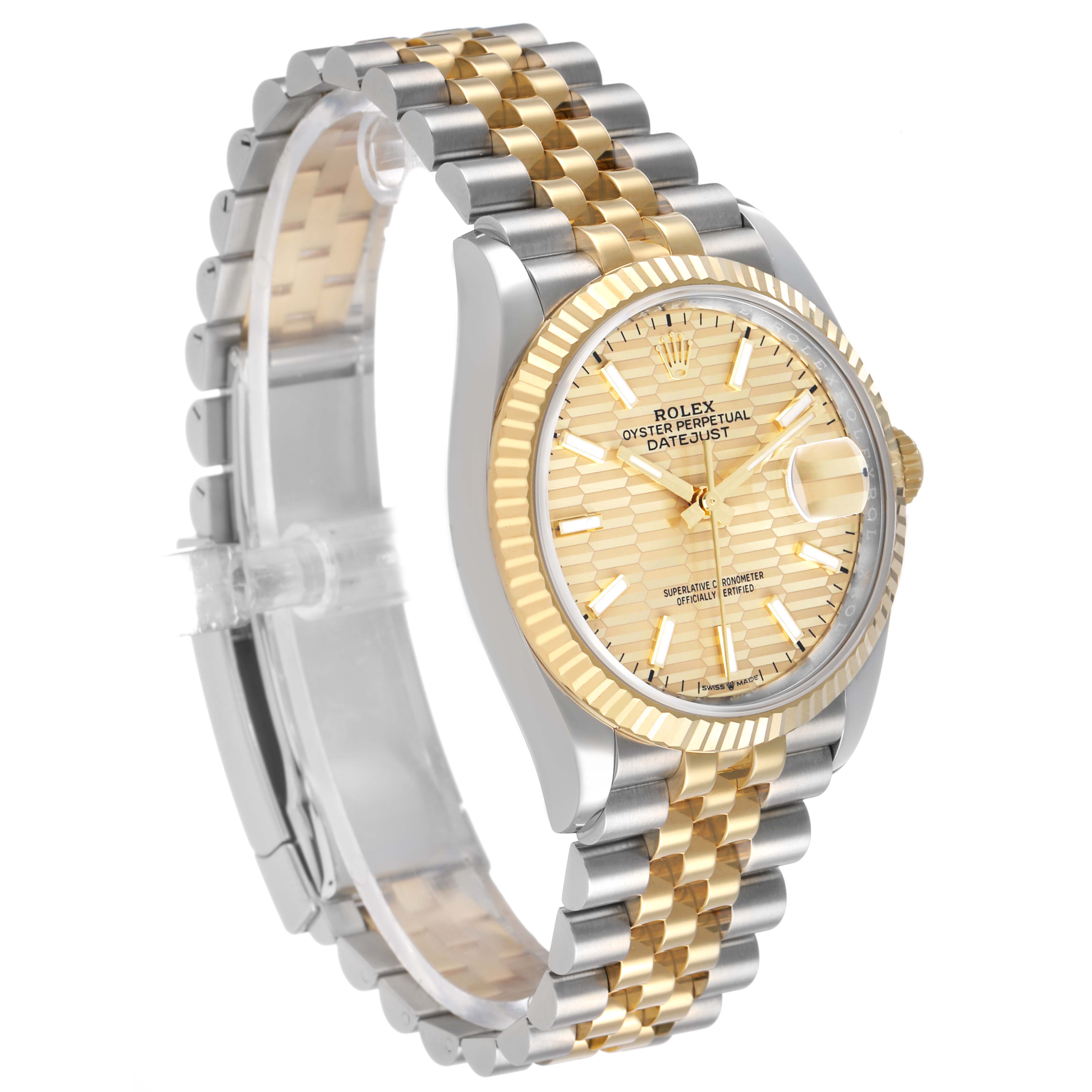 The Rolex Datejust 126233 Men's Steel and Gold (two tone) Champagne Dial watch is shown at a three-quarter angle, highlighting its gold and silver bracelet and fluted bezel.
