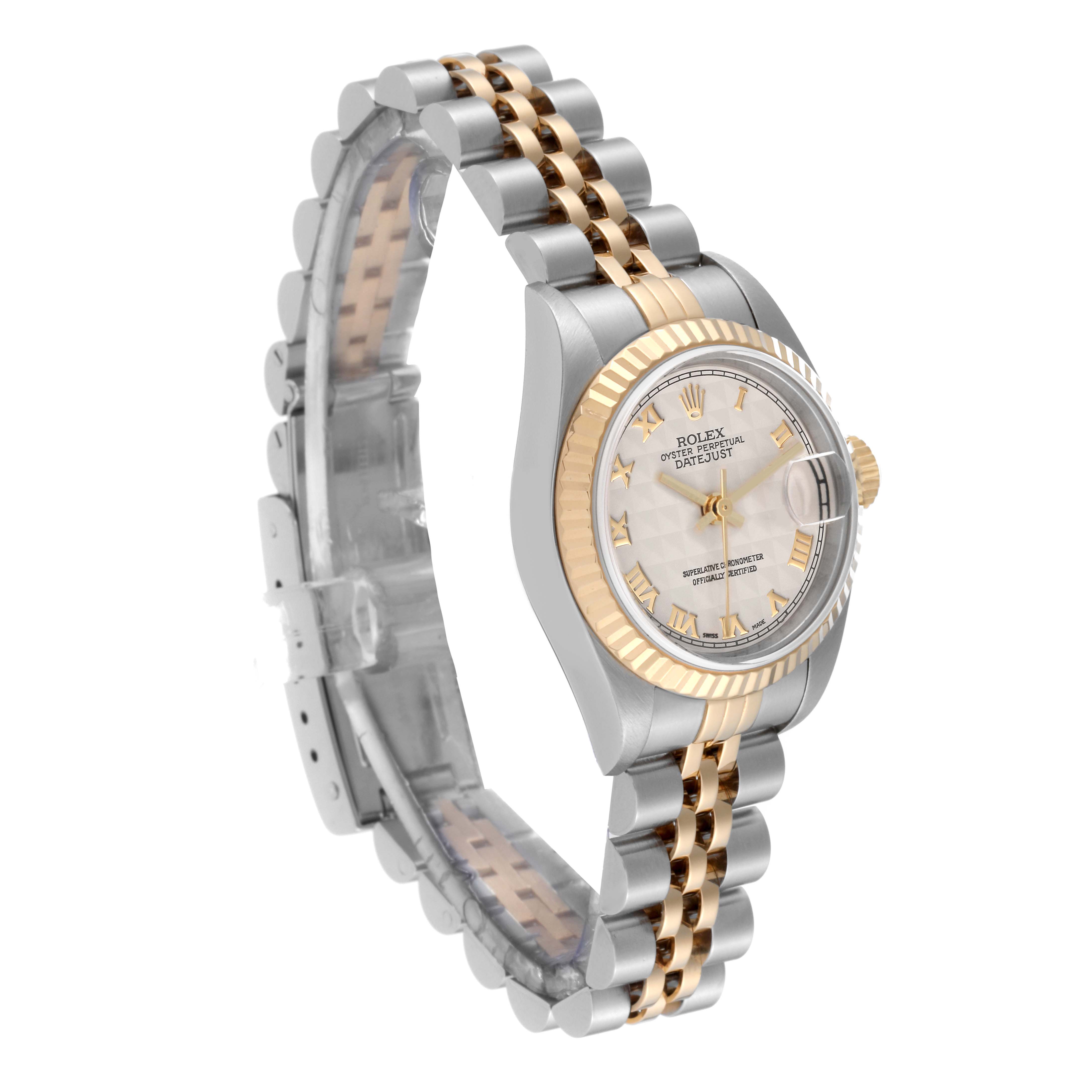 The image shows a side view of a Rolex Datejust 79173 Women's Steel and Gold (two tone) Beige Dial 79173 Women's Steel and Gold (two tone) Beige Dial watch, highlighting its two-tone bracelet and fluted bezel.