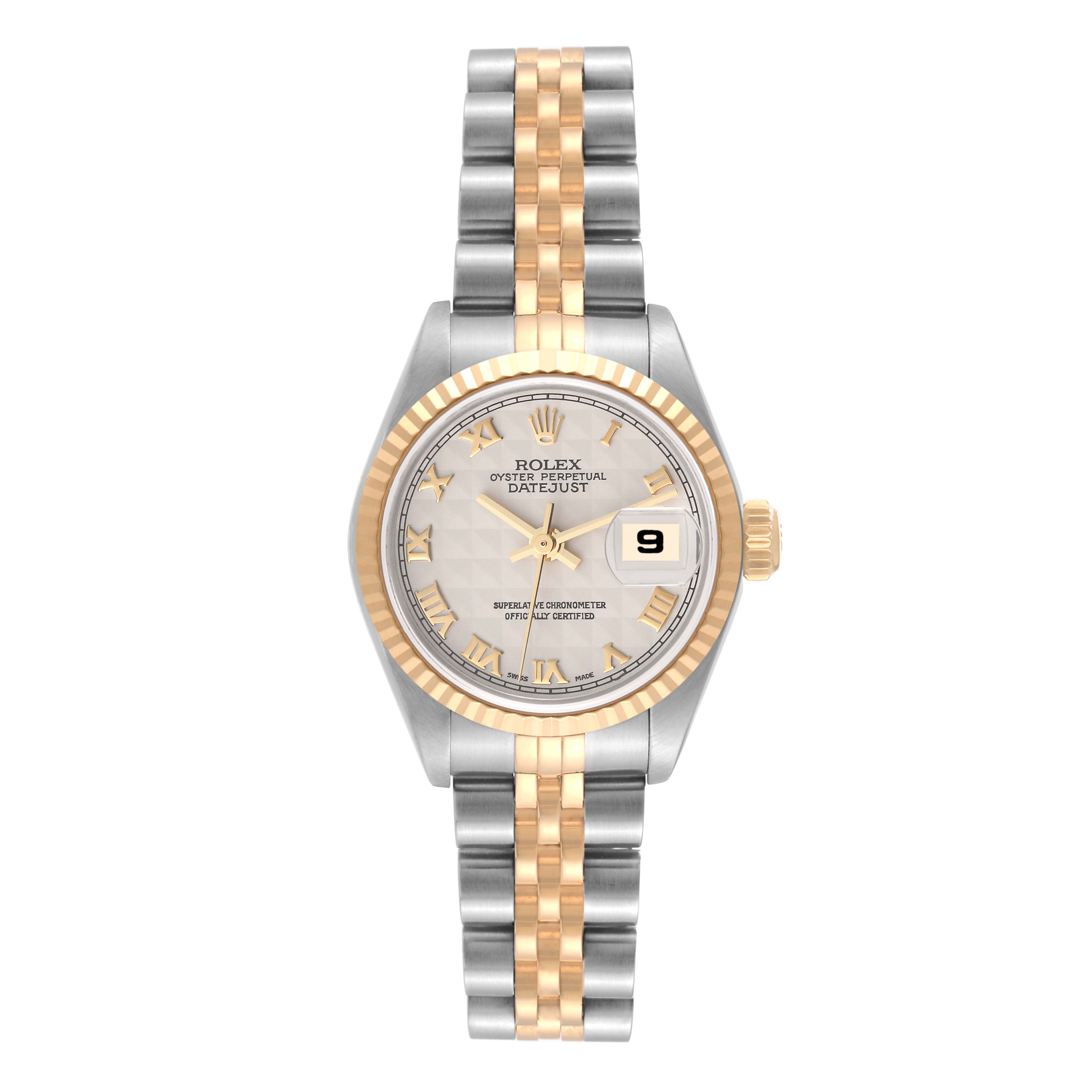 The image shows a frontal view of the Rolex Datejust 79173 Women's Steel and Gold (two tone) Beige Dial 79173 Women's Steel and Gold (two tone) Beige Dial watch, displaying the dial, bezel, crown, and bracelet.