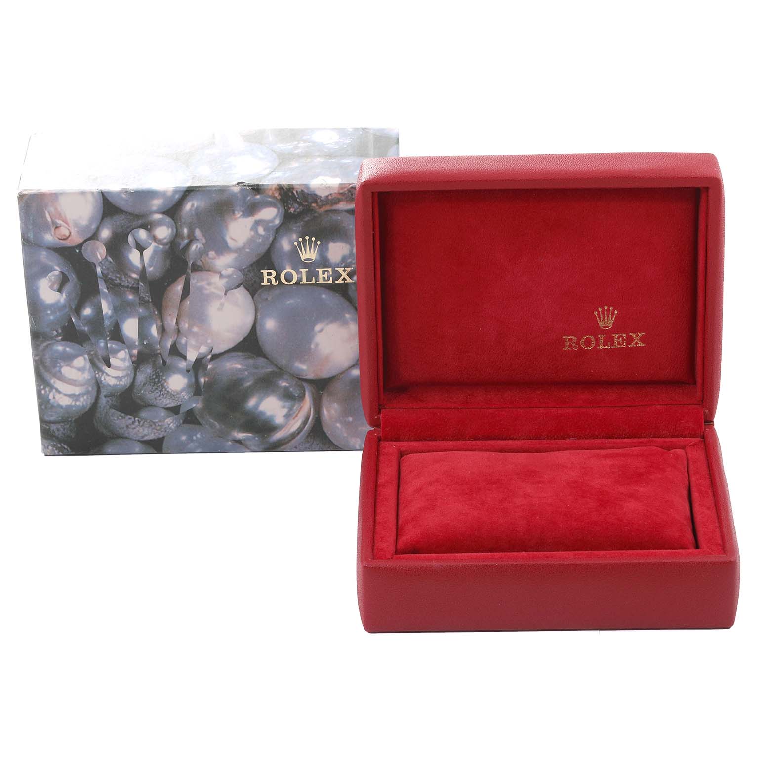 The image shows an open red Rolex watch box beside a decorative outer box, designed for a Datejust model.