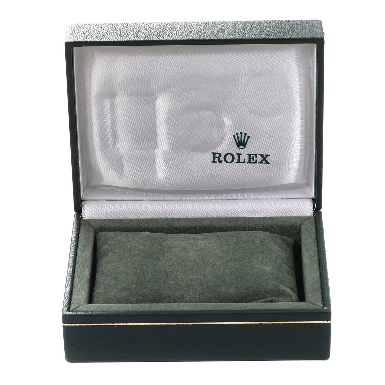 This image shows an empty Rolex Datejust 69173 Women's Steel and Gold (two tone) Champagne Dial 69173 Women's Steel and Gold (two tone) Champagne Dial watch box open, displaying the inner cushion and upper section with the Rolex logo.