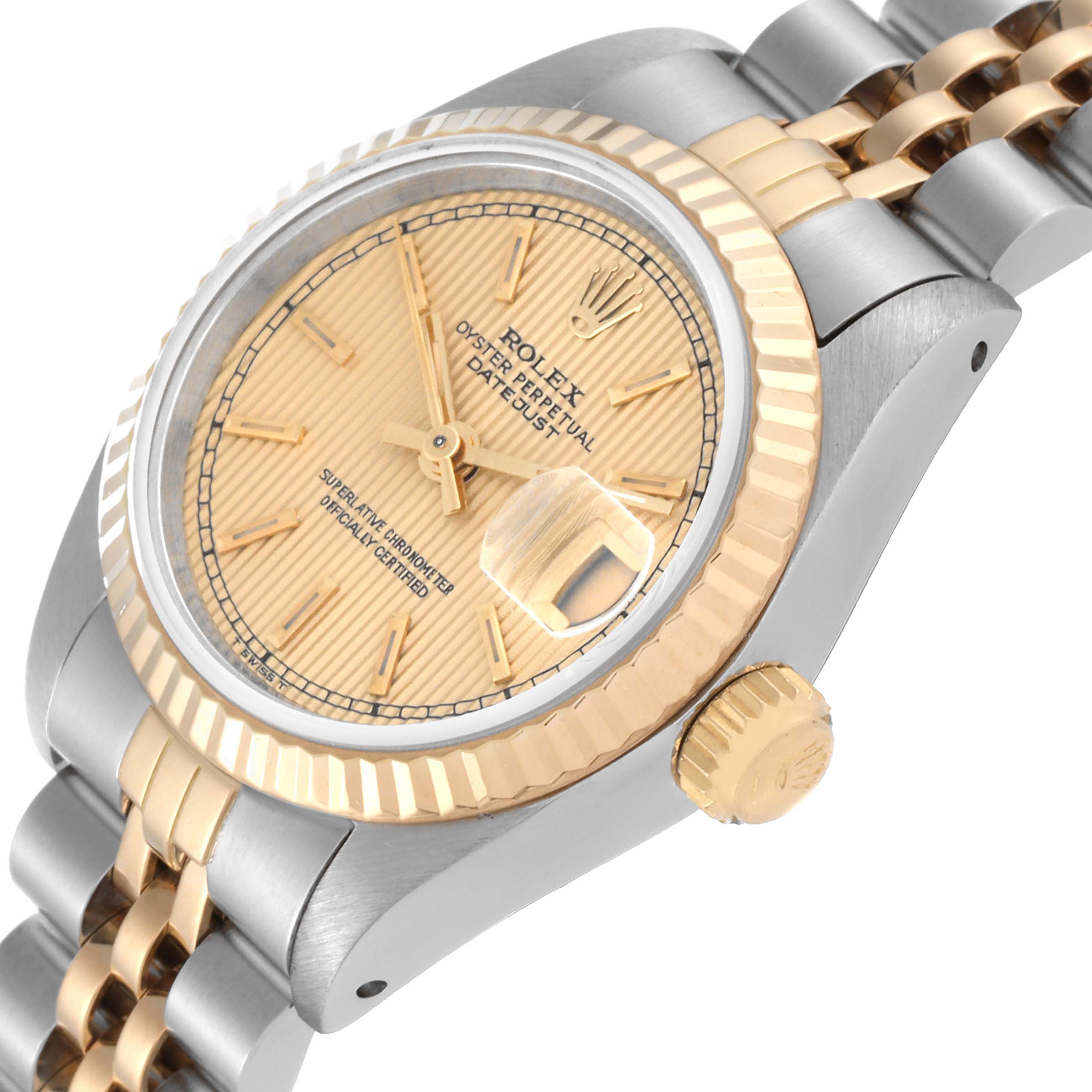 The image shows a close-up angle of the dial, bezel, and part of the bracelet of the Rolex Datejust 69173 Women's Steel and Gold (two tone) Champagne Dial 69173 Women's Steel and Gold (two tone) Champagne Dial watch.
