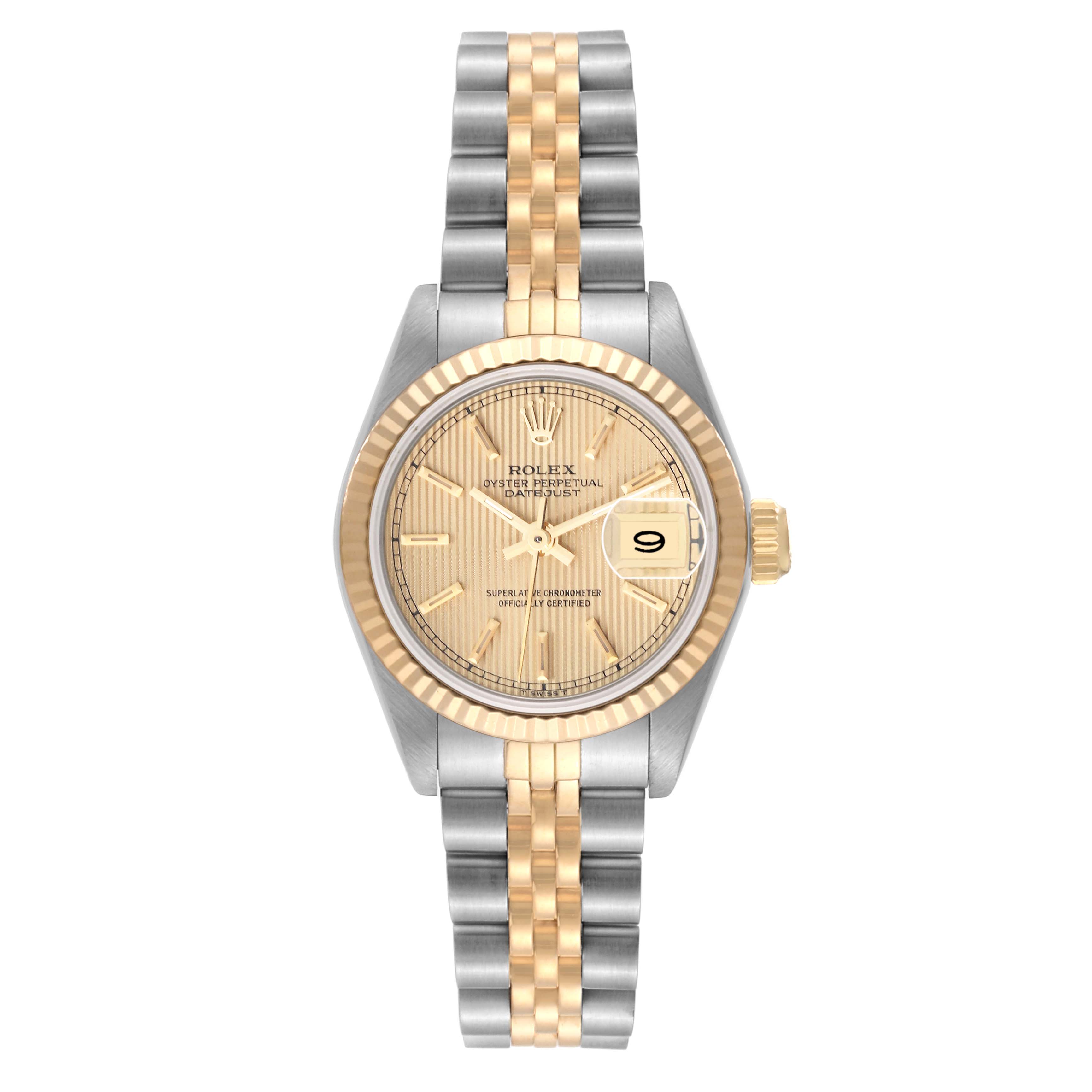 This image shows a front view of a Rolex Datejust 69173 Women's Steel and Gold (two tone) Champagne Dial 69173 Women's Steel and Gold (two tone) Champagne Dial watch, featuring a gold and silver two-tone bracelet and date display.