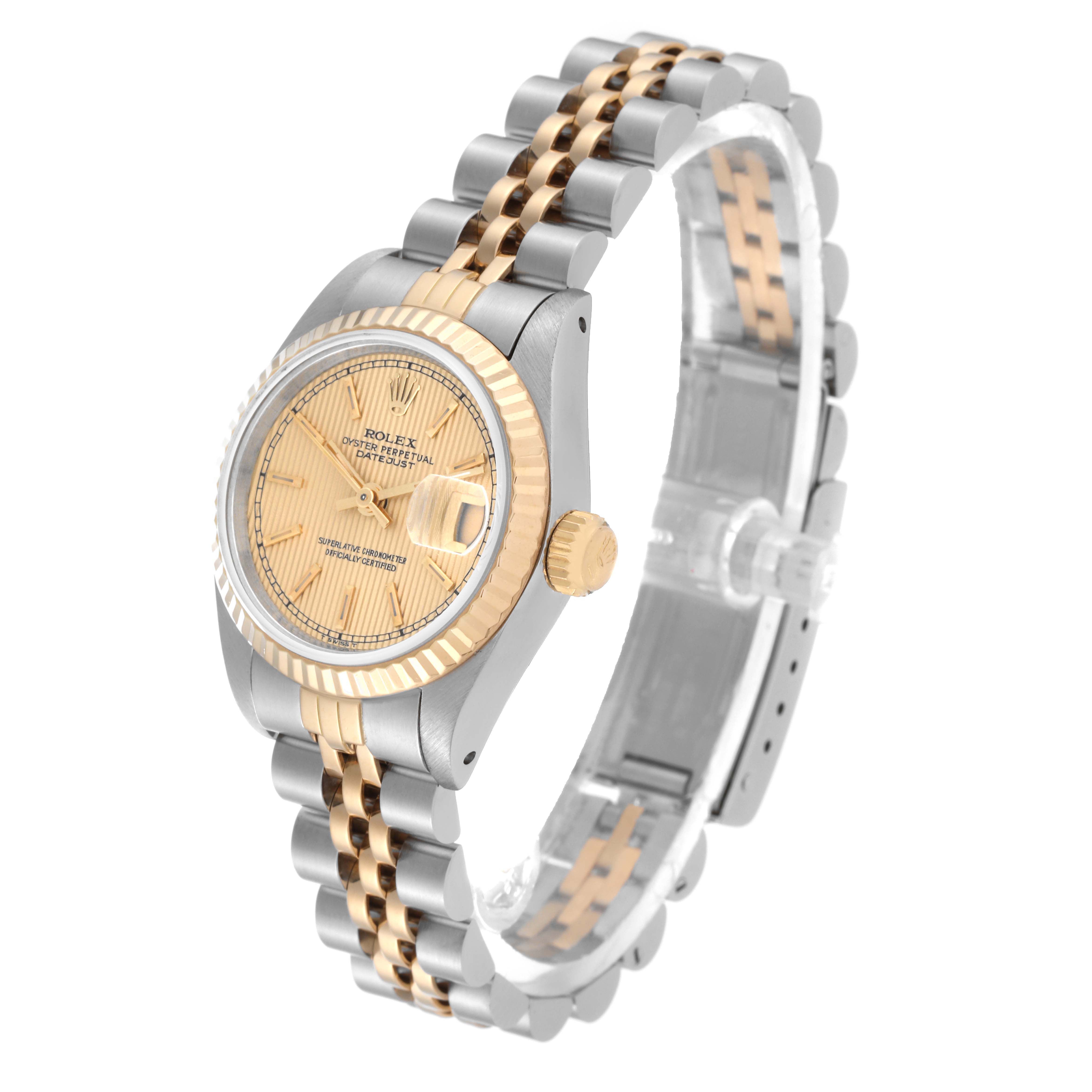 The Rolex Datejust 69173 Women's Steel and Gold (two tone) Champagne Dial 69173 Women's Steel and Gold (two tone) Champagne Dial watch is shown at an angle highlighting the face, bezel, and two-tone bracelet, with the crown clearly visible.