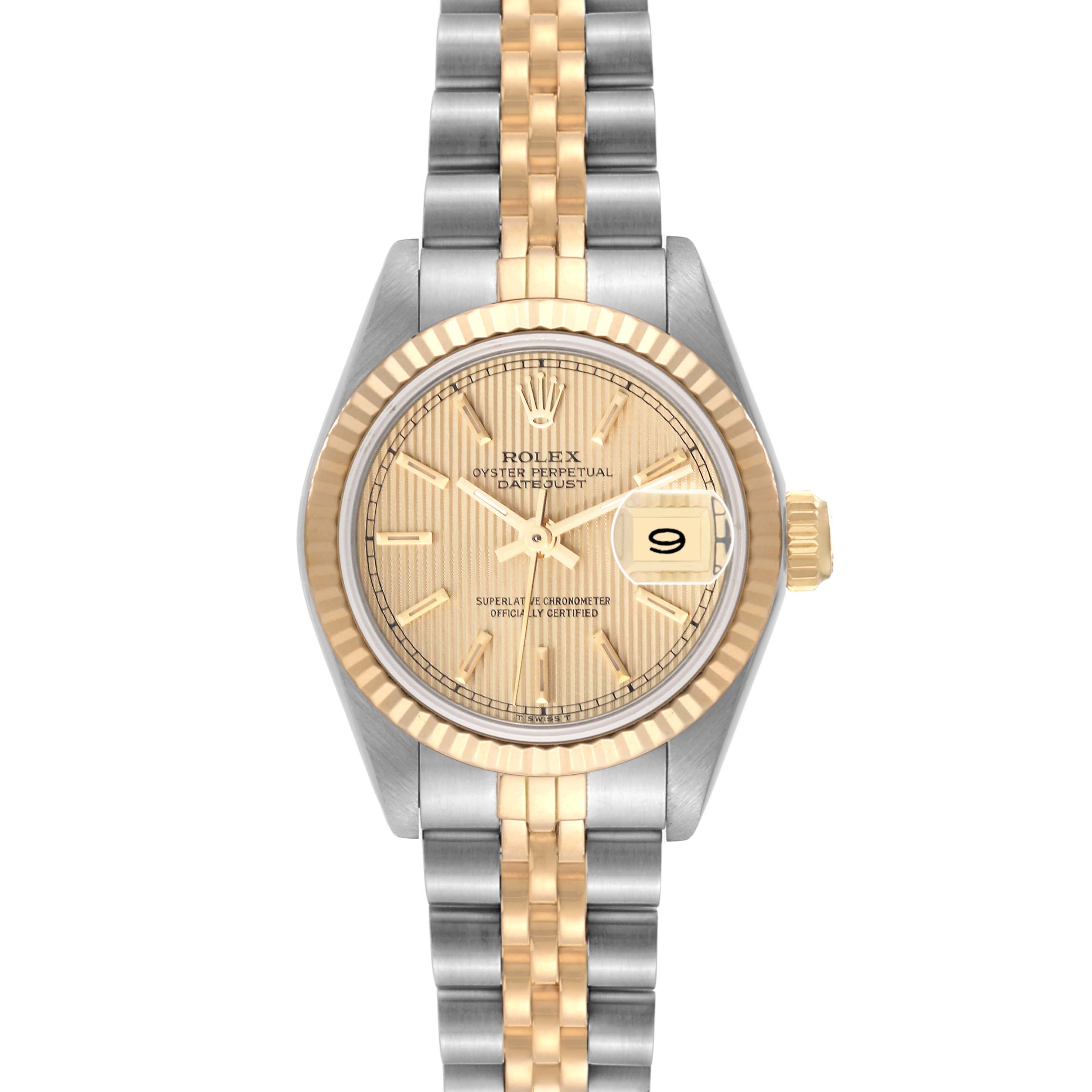 The image shows a frontal view of a Rolex Datejust 69173 Women's Steel and Gold (two tone) Champagne Dial 69173 Women's Steel and Gold (two tone) Champagne Dial watch, displaying its dial, two-tone bracelet, bezel, and crown.