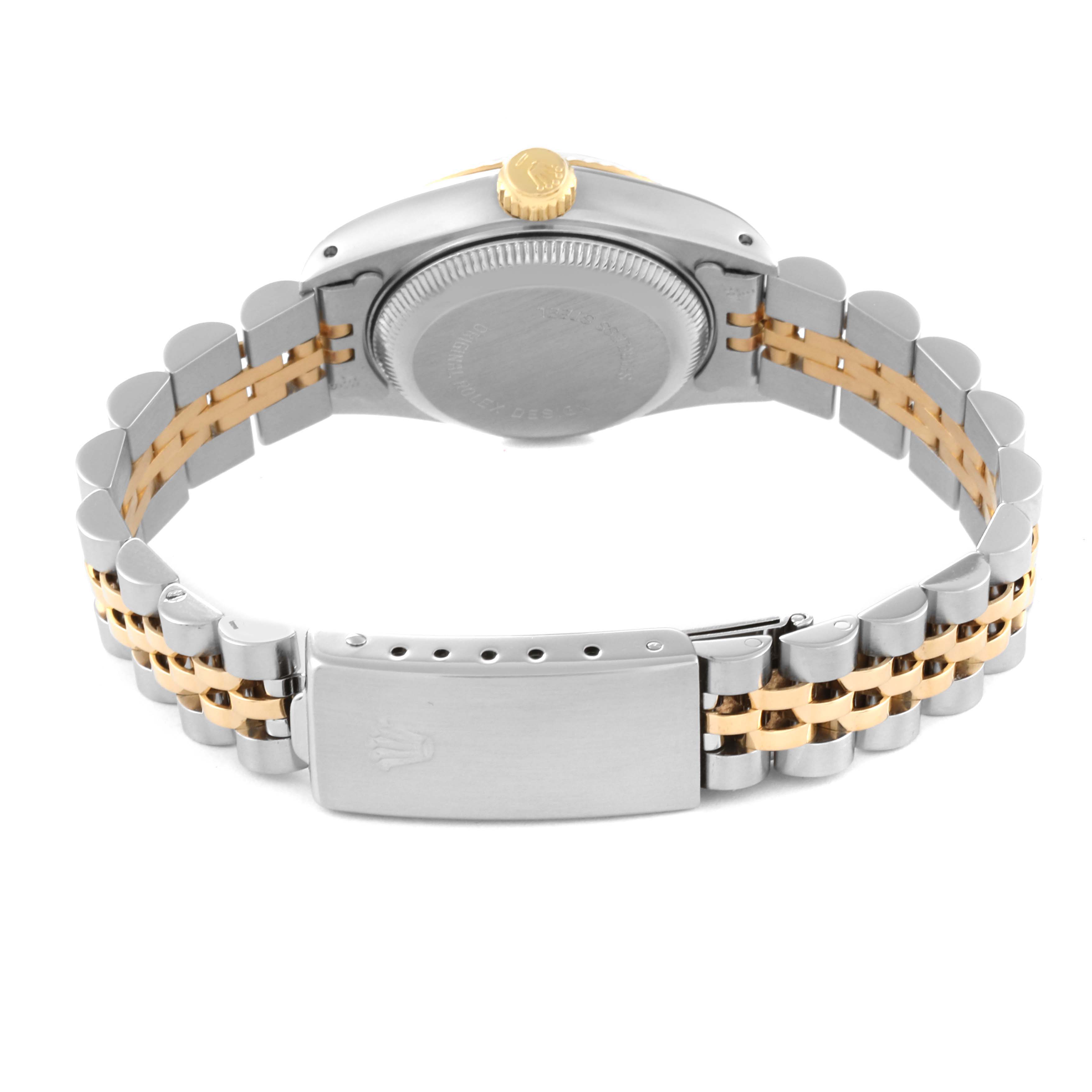 The image shows the back view of a Rolex Datejust 69173 Women's Steel and Gold (two tone) Champagne Dial 69173 Women's Steel and Gold (two tone) Champagne Dial watch, highlighting its clasp, bracelet, and crown.