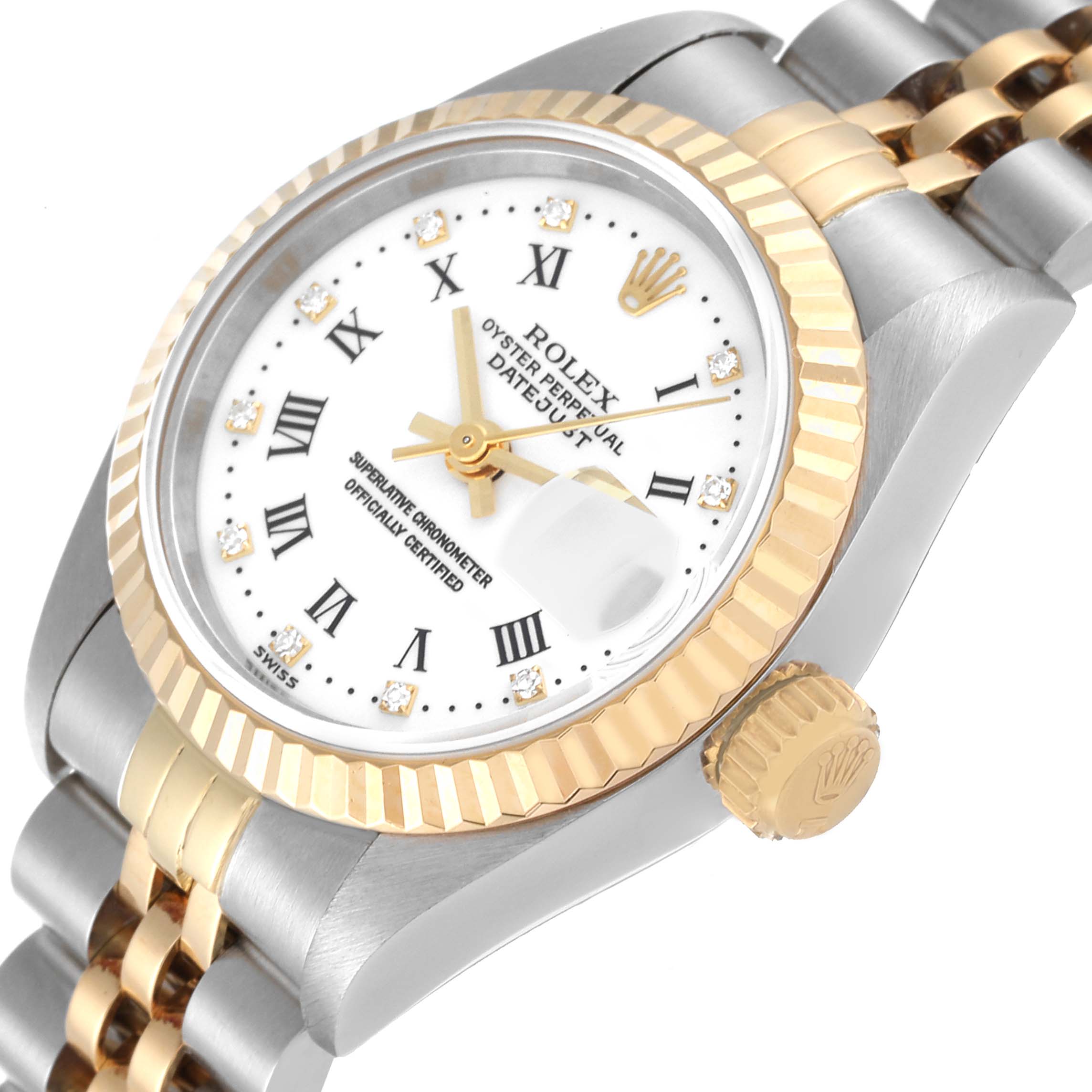 The image shows a side view of a Rolex Datejust 69173 Women's Steel and Gold (two tone) White Dial 69173 Women's Steel and Gold (two tone) White Dial watch highlighting the bezel, dial, crown, and bracelet.