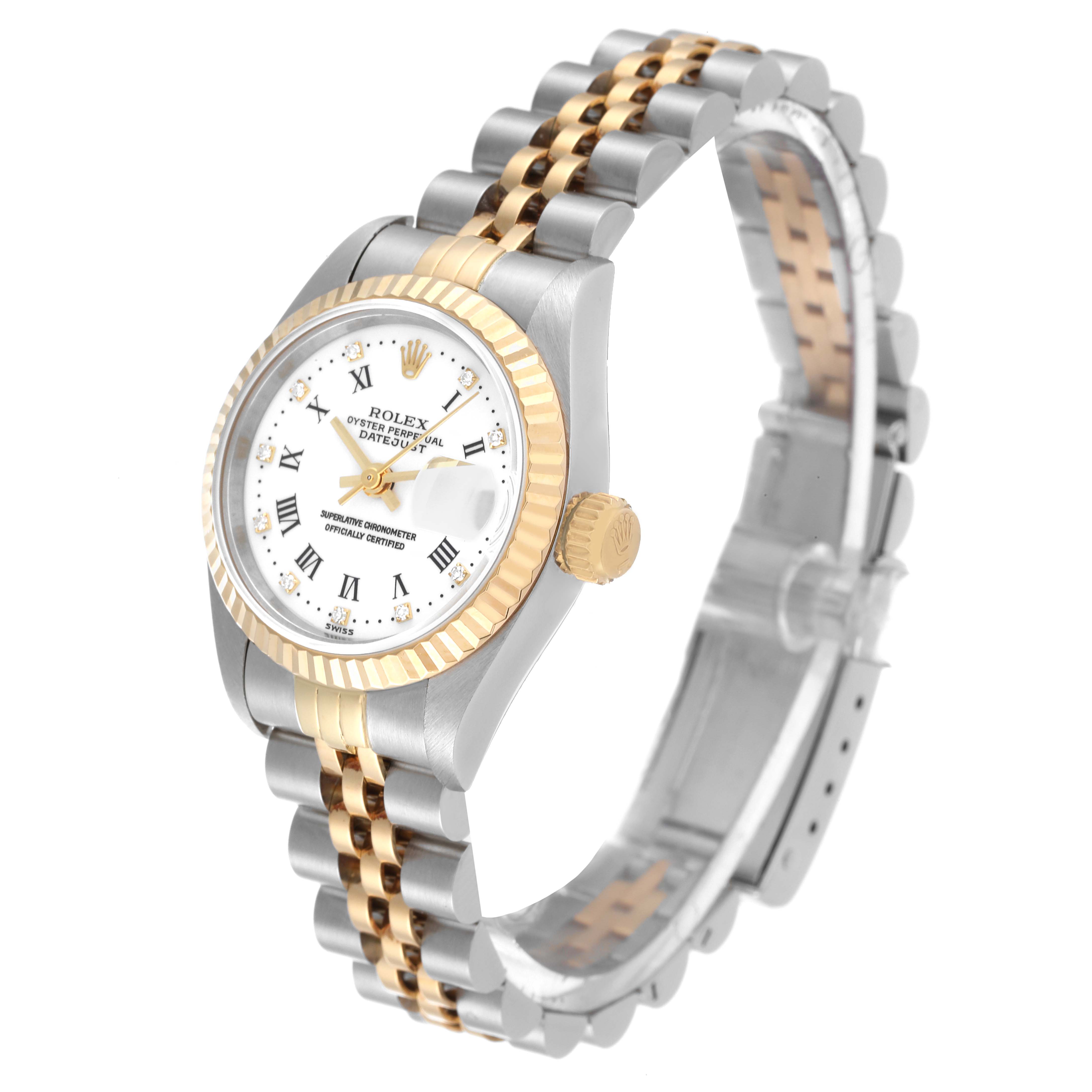 The Rolex Datejust 69173 Women's Steel and Gold (two tone) White Dial 69173 Women's Steel and Gold (two tone) White Dial watch is shown at a slight angle, highlighting the face, bezel, and two-tone metal bracelet.