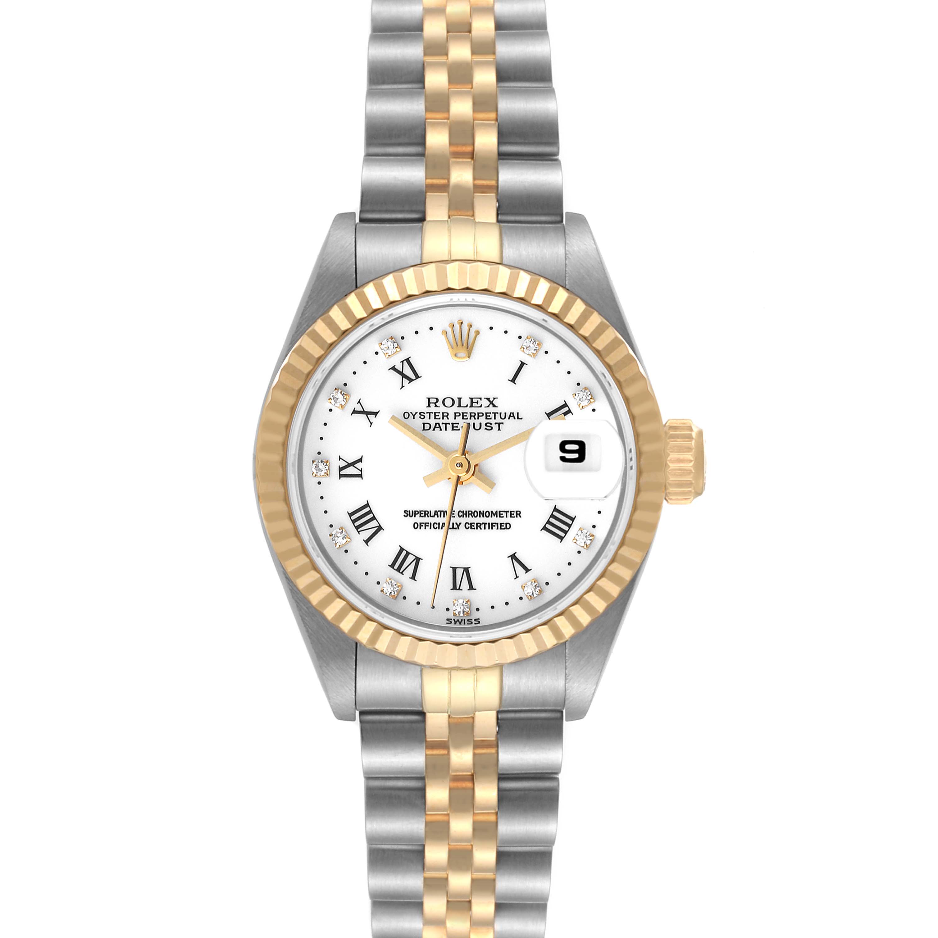 This is a front view of a Rolex Datejust 69173 Women's Steel and Gold (two tone) White Dial 69173 Women's Steel and Gold (two tone) White Dial watch, showing its two-tone bracelet, white dial with Roman numerals, and date display.