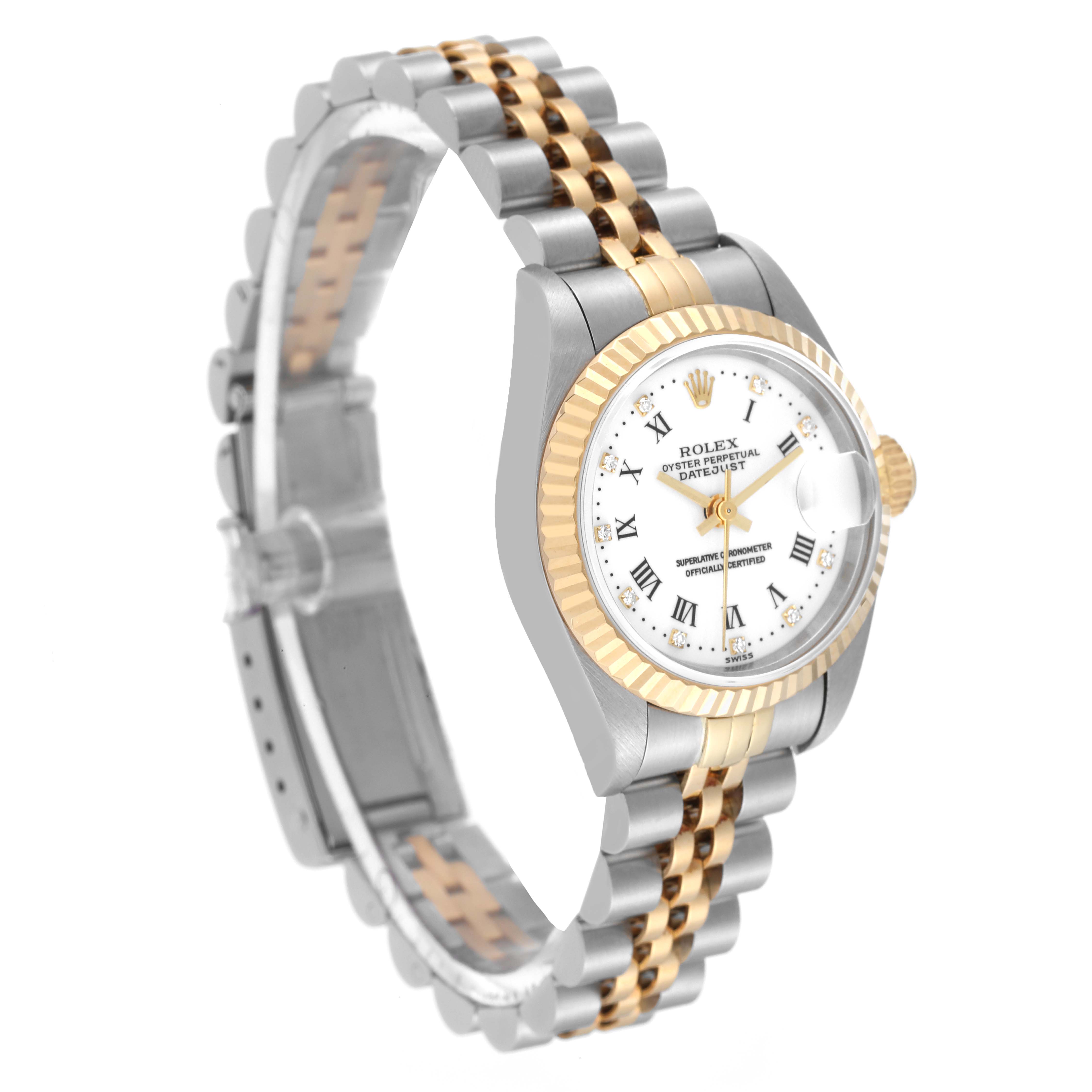The image shows a Rolex Datejust 69173 Women's Steel and Gold (two tone) White Dial 69173 Women's Steel and Gold (two tone) White Dial watch at an angle displaying its face, bezel, crown, and two-tone bracelet.