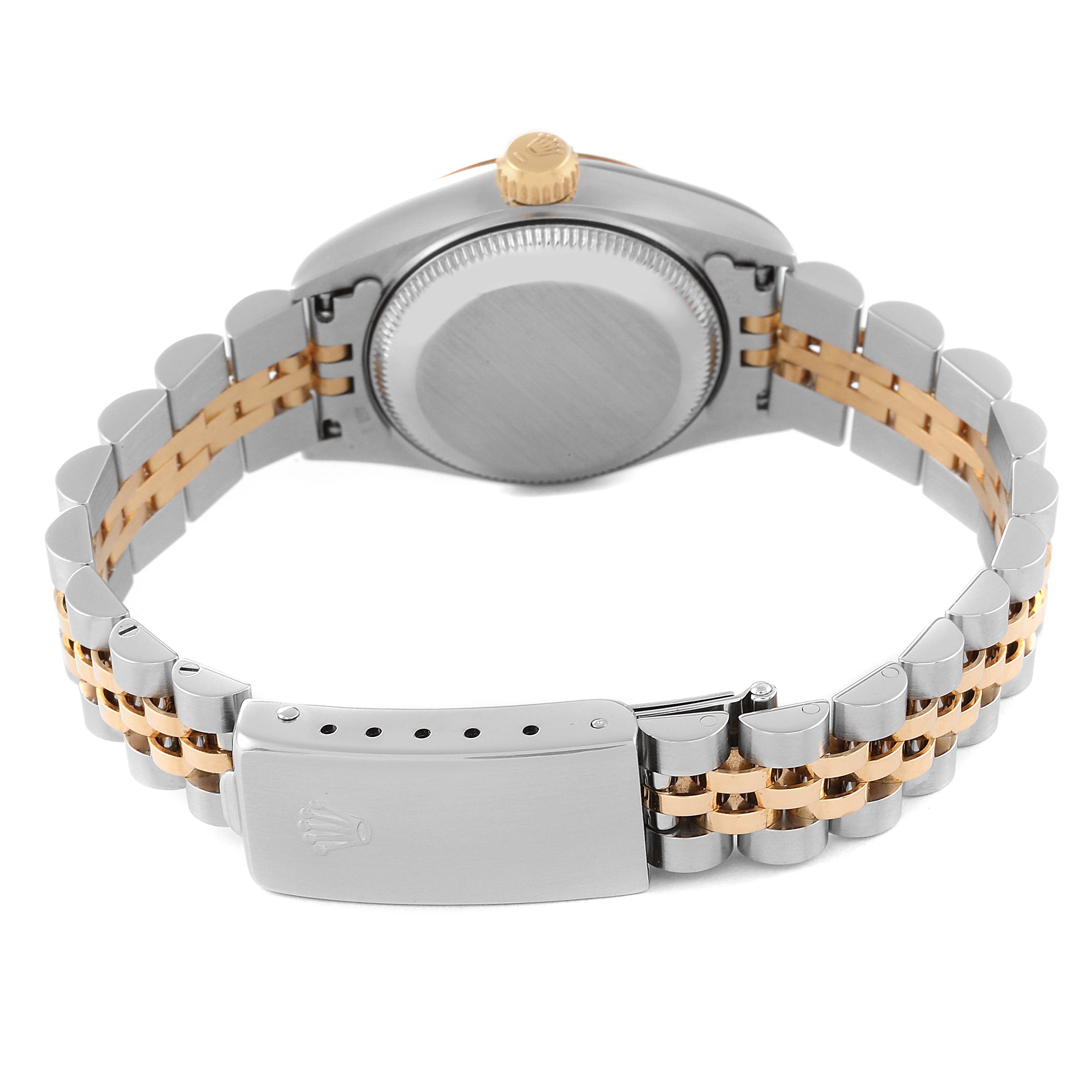 The image shows the back of a Rolex Datejust 69173 Women's Steel and Gold (two tone) White Dial 69173 Women's Steel and Gold (two tone) White Dial watch with a two-tone bracelet and clasp.