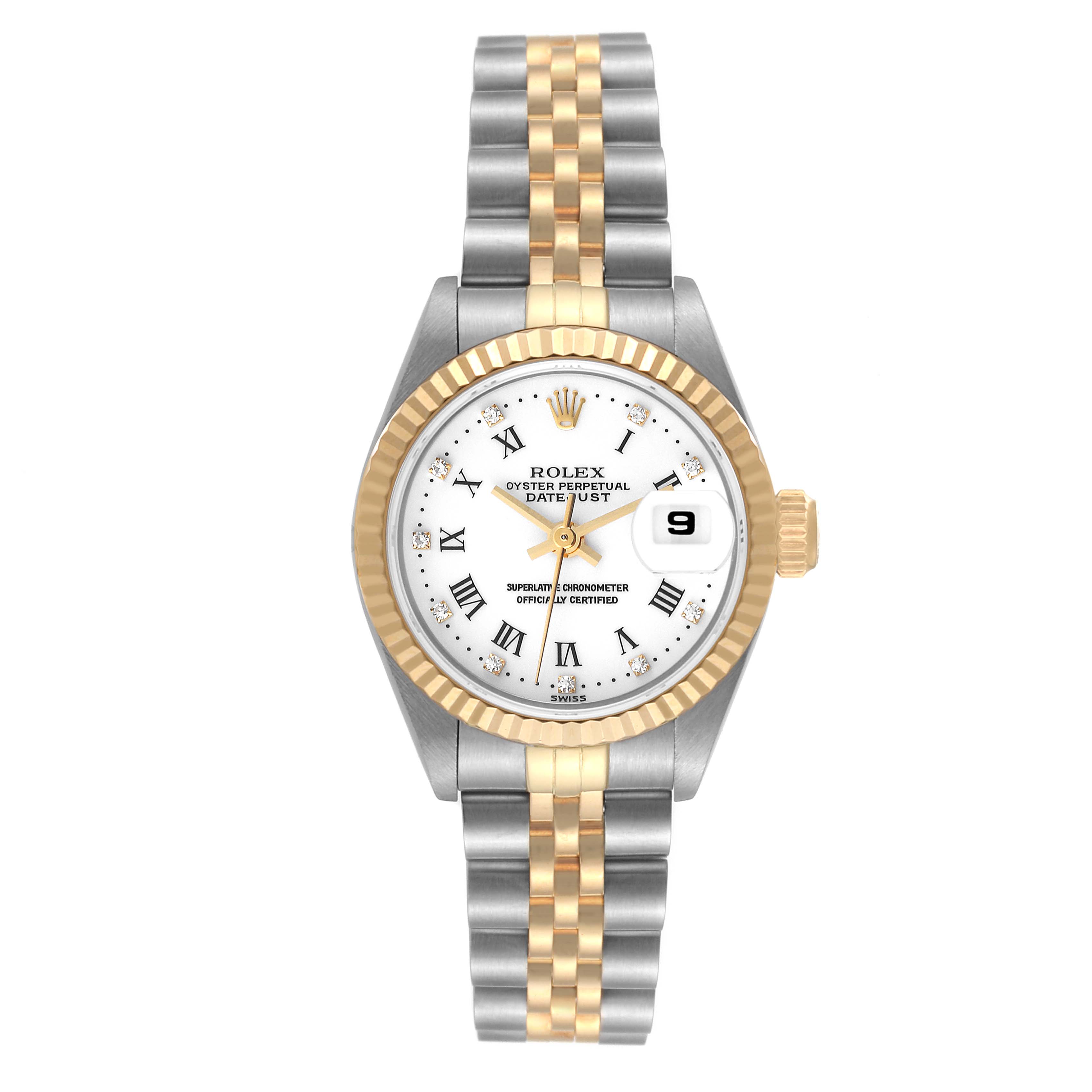 The image shows the front view of a Rolex Datejust 69173 Women's Steel and Gold (two tone) White Dial 69173 Women's Steel and Gold (two tone) White Dial watch, displaying the dial, bezel, and two-tone bracelet.