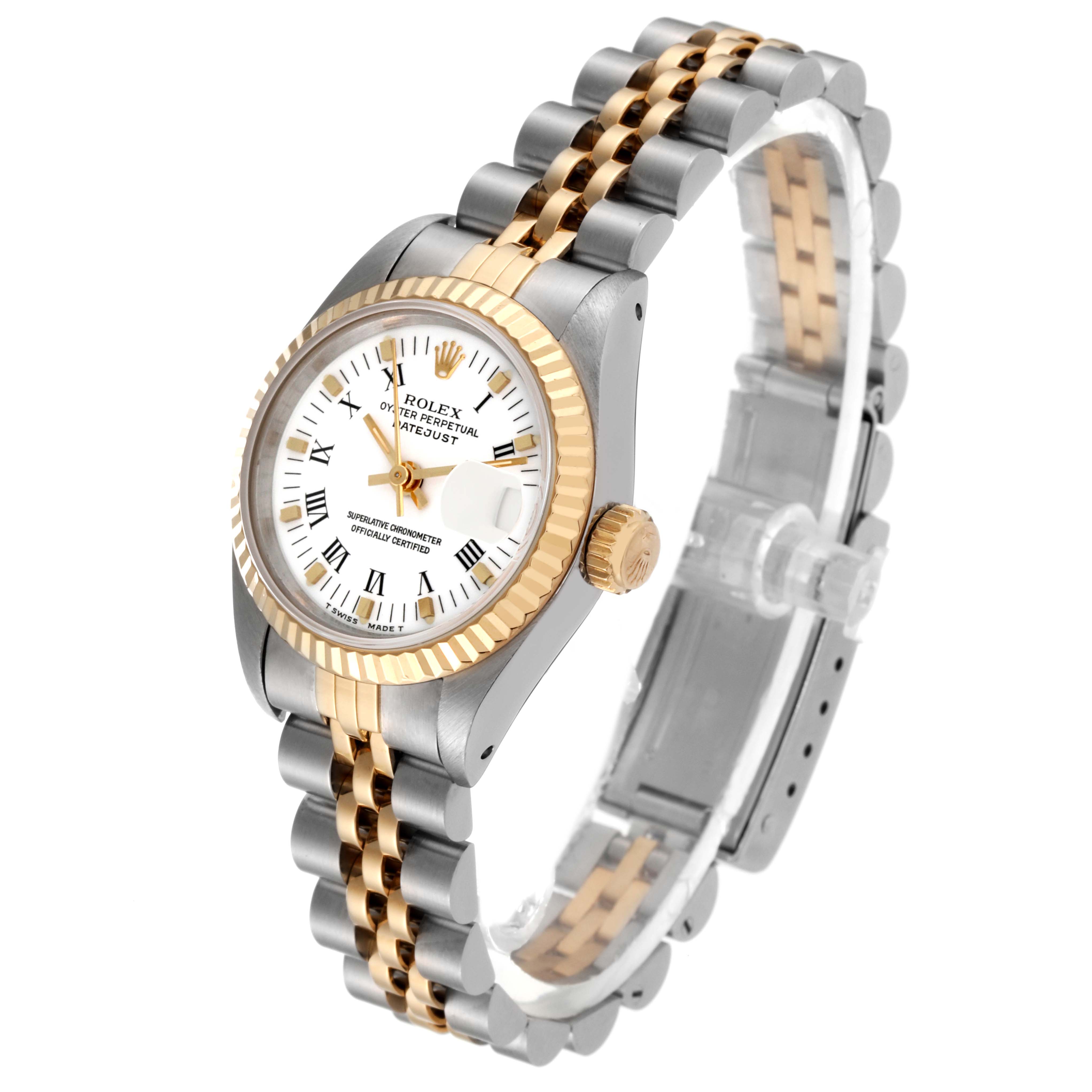 The photo shows a Rolex Datejust 69173 Women's Steel and Gold (two tone) White Dial 69173 Women's Steel and Gold (two tone) White Dial watch at a three-quarter angle, highlighting the dial, bezel, crown, and two-tone bracelet.