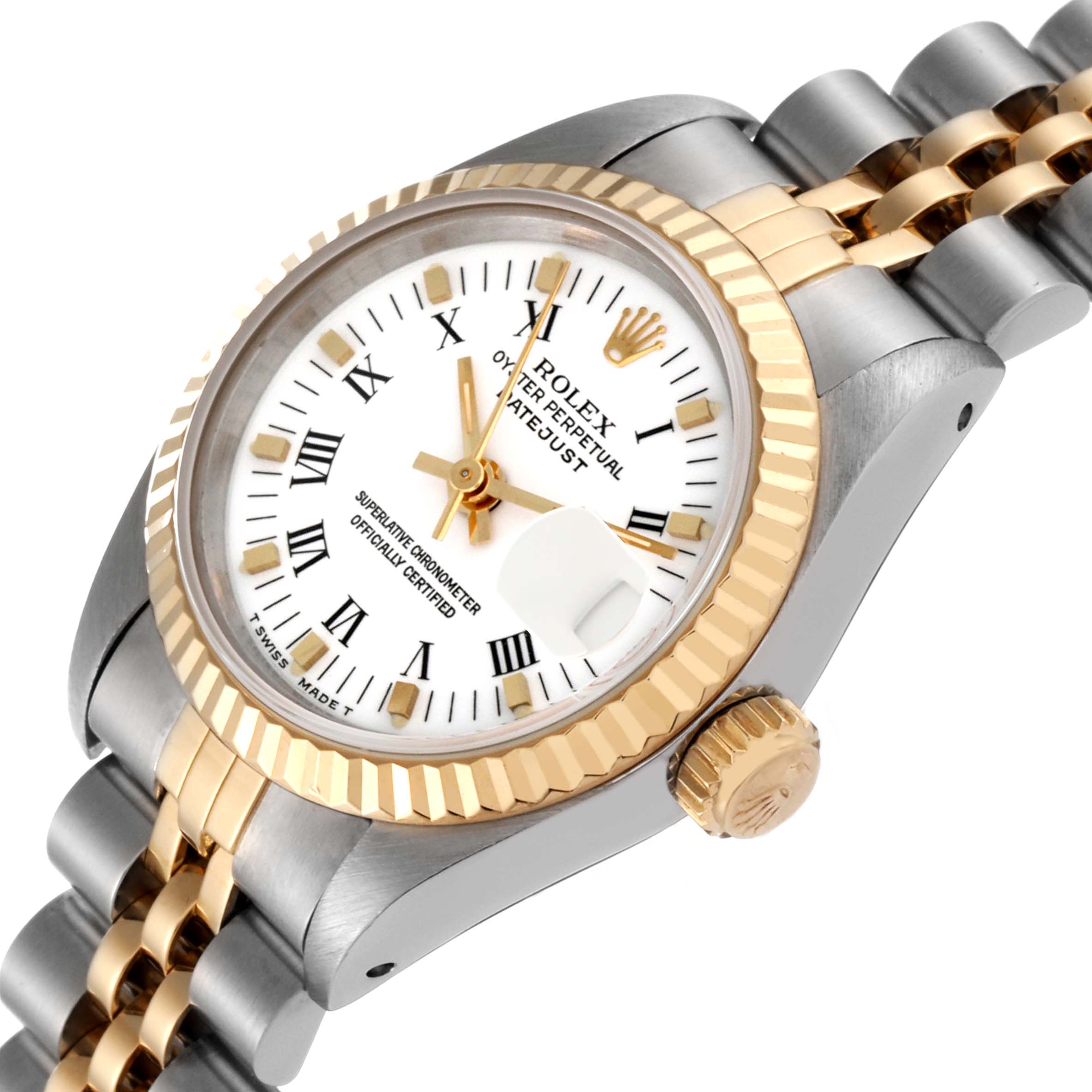 This Rolex Datejust 69173 Women's Steel and Gold (two tone) White Dial 69173 Women's Steel and Gold (two tone) White Dial watch is shown from a tilted angle, displaying its face, crown, and part of the bracelet.