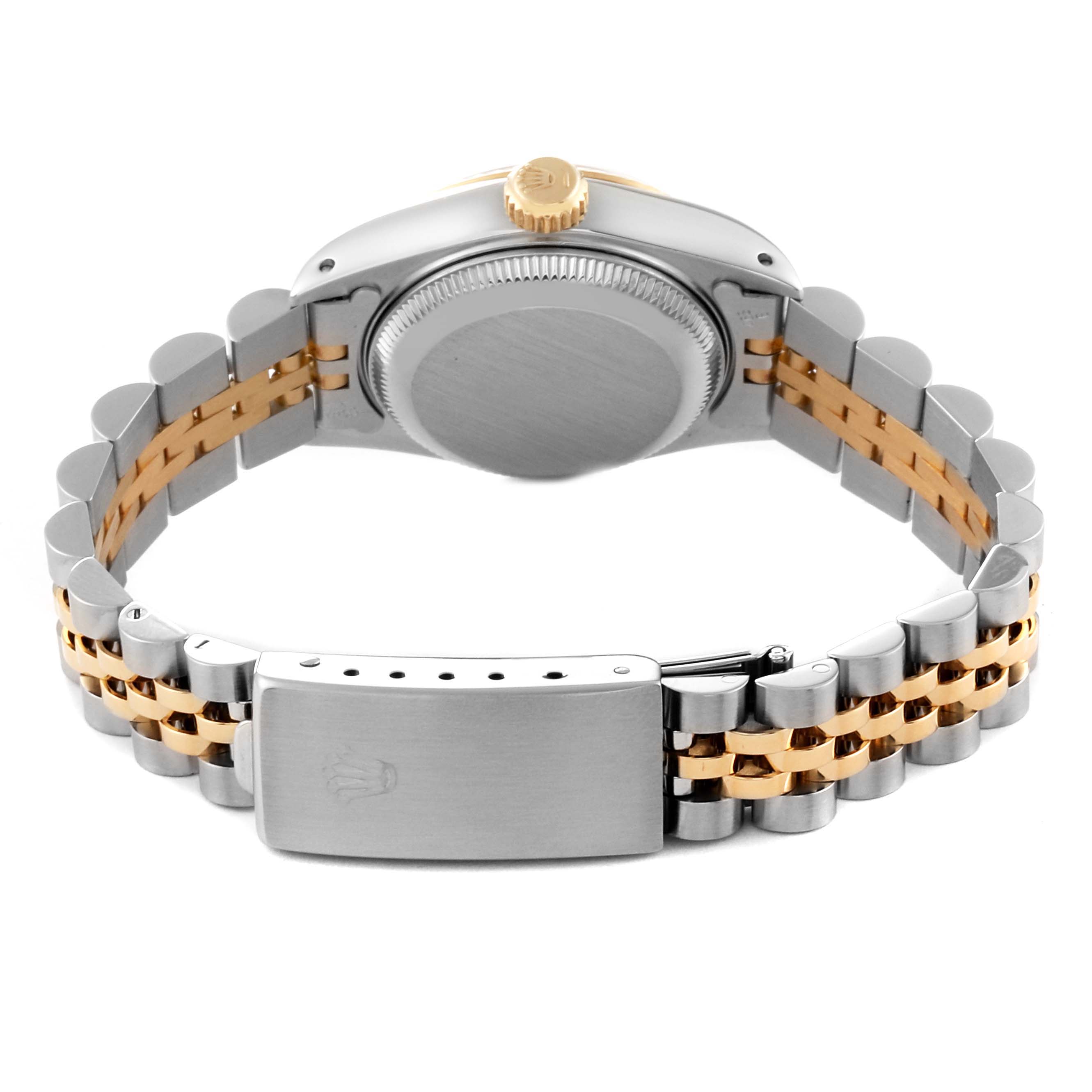 This image shows the back view of a Rolex Datejust 69173 Women's Steel and Gold (two tone) White Dial 69173 Women's Steel and Gold (two tone) White Dial watch, highlighting its two-tone Jubilee bracelet and clasp.