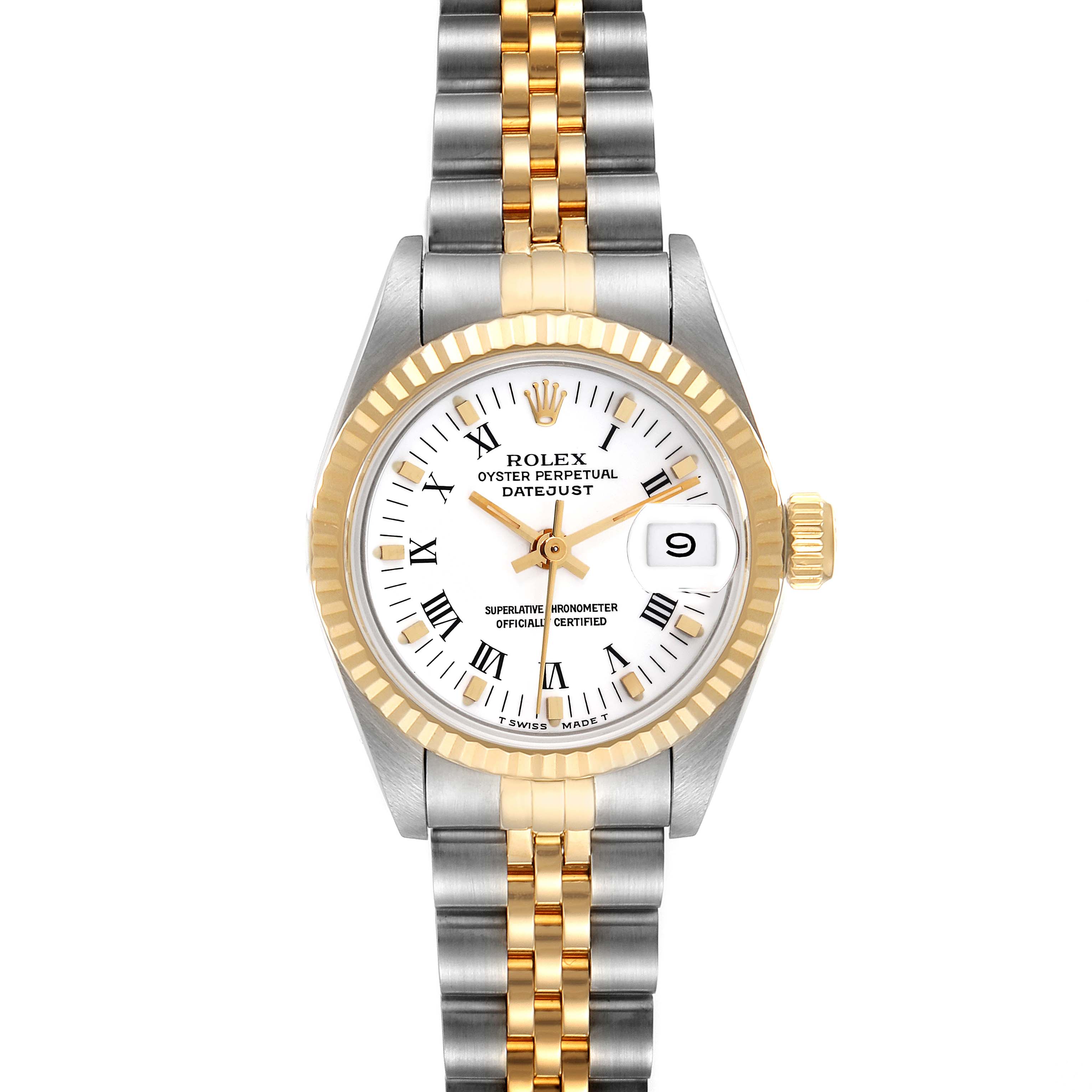 This image shows a front view of a Rolex Datejust 69173 Women's Steel and Gold (two tone) White Dial 69173 Women's Steel and Gold (two tone) White Dial watch, displaying its face, bezel, and bracelet.