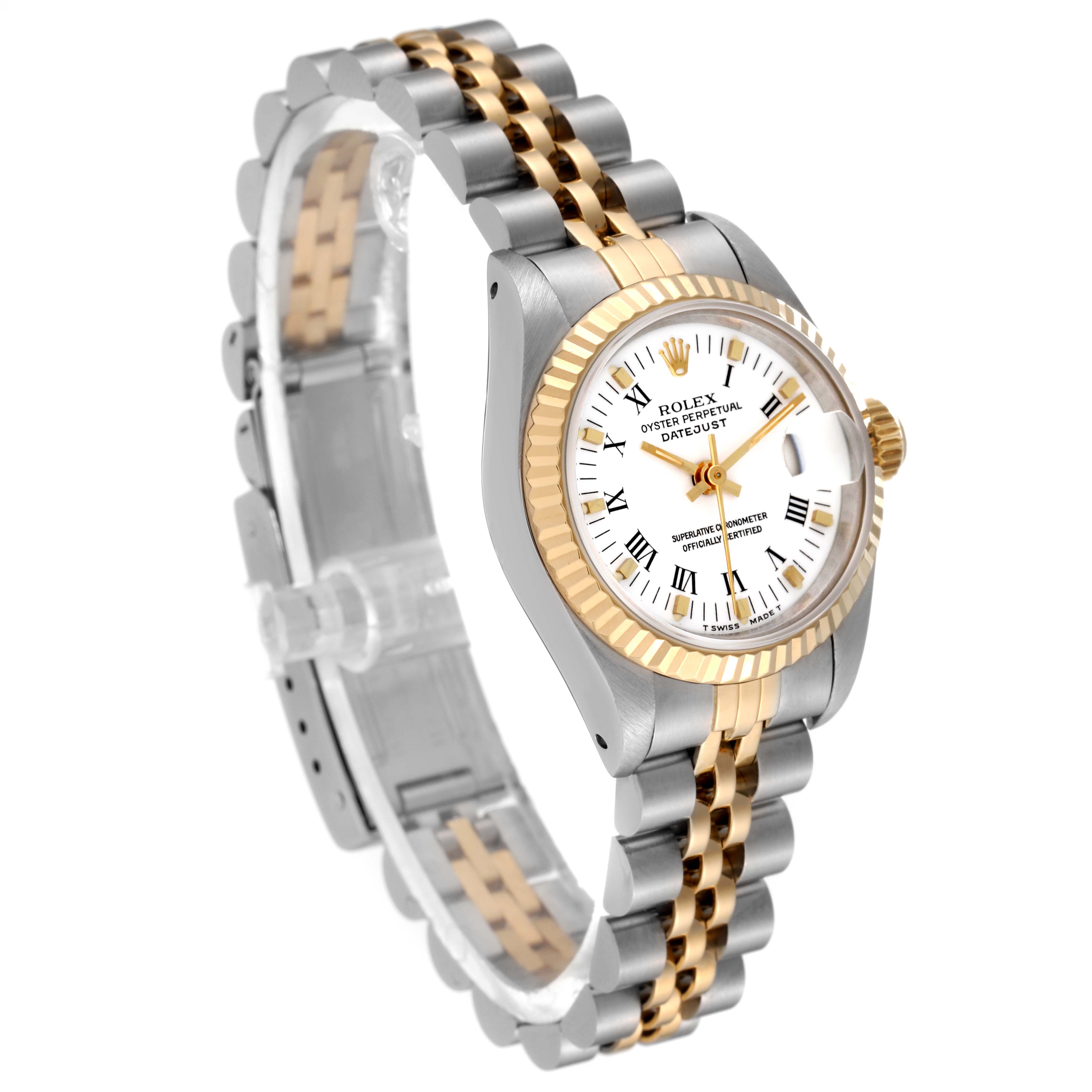 The Rolex Datejust 69173 Women's Steel and Gold (two tone) White Dial 69173 Women's Steel and Gold (two tone) White Dial watch is shown at an angle highlighting its face, fluted bezel, gold and silver bracelet, and crown.
