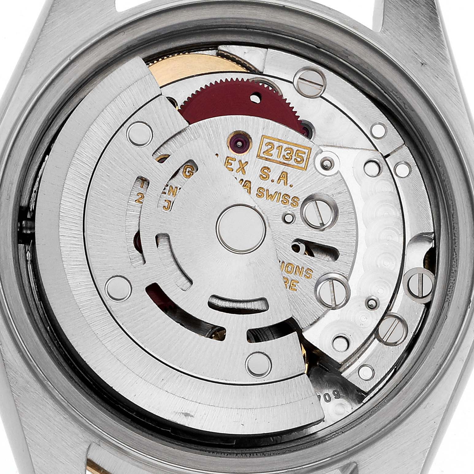 This image shows the internal mechanism of a Rolex Datejust 69173 Women's Steel and Gold (two tone) White Dial 69173 Women's Steel and Gold (two tone) White Dial model, viewed from the back, revealing the movement components.