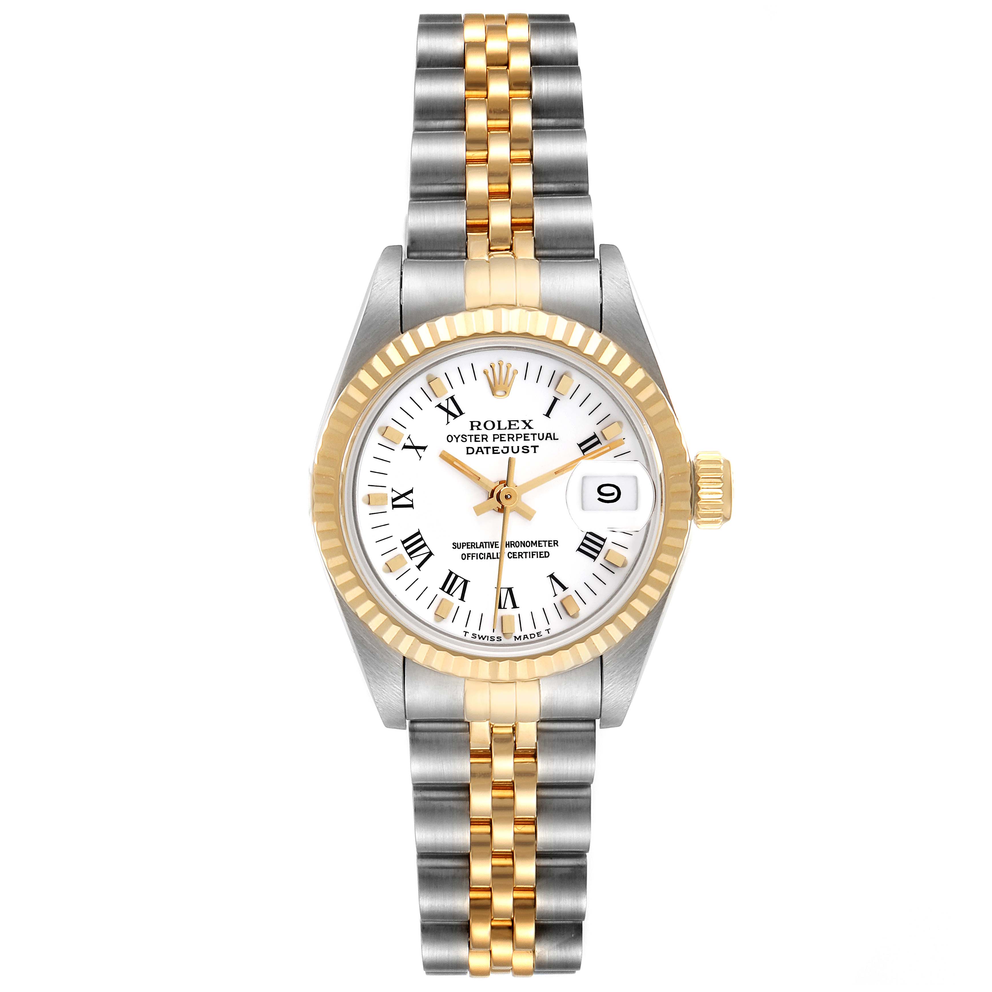 The image shows a Rolex Datejust 69173 Women's Steel and Gold (two tone) White Dial 69173 Women's Steel and Gold (two tone) White Dial watch from a front angle, highlighting the dial, bezel, and bracelet.