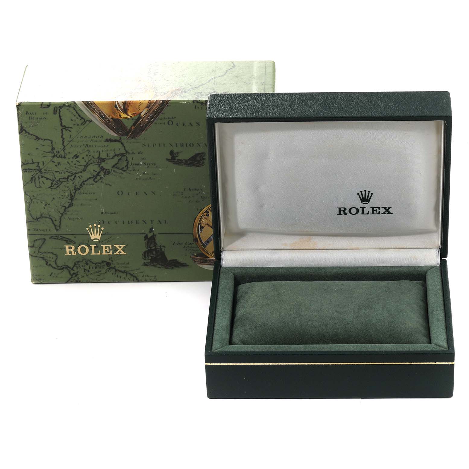 The image shows an open green Rolex Datejust 69173 Women's Steel and Gold (two tone) White Dial 69173 Women's Steel and Gold (two tone) White Dial watch box and its outer decorative box with the Rolex logo visible.