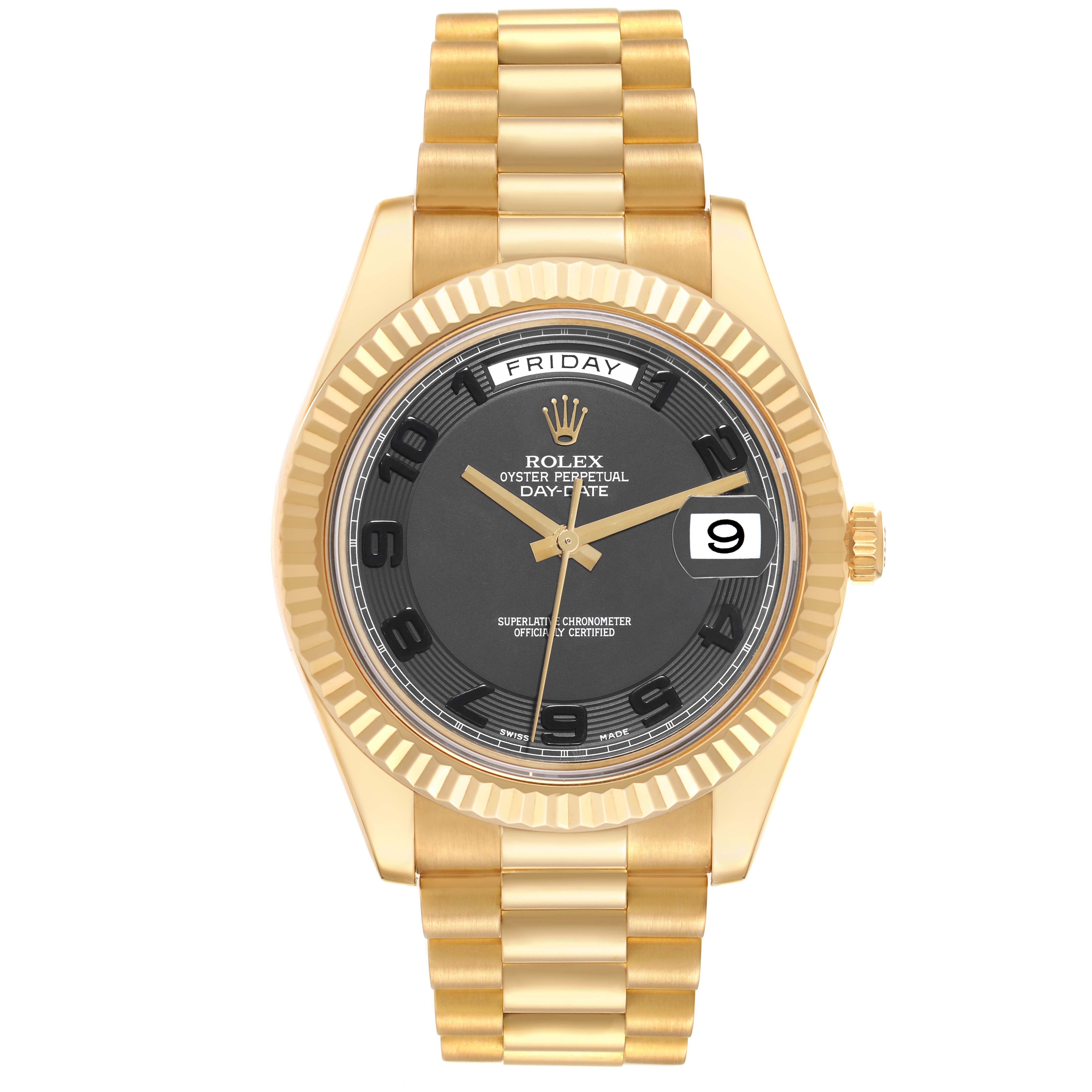 This Rolex President 218238 Men's Yellow Gold Black Dial 218238 Men's Yellow Gold Black Dial model watch is shown from a front angle, featuring its gold case, black dial, and gold bracelet.