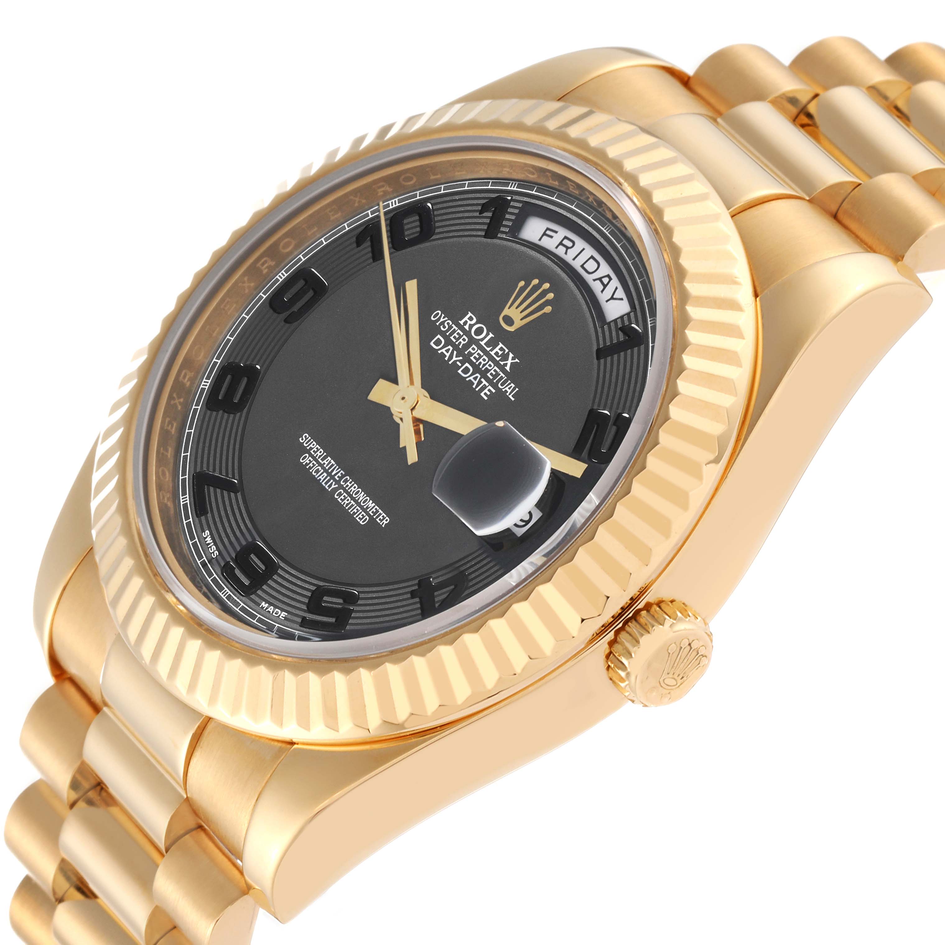 This image shows a Rolex President 218238 Men's Yellow Gold Black Dial 218238 Men's Yellow Gold Black Dial model watch from a front-side angle, highlighting the face, bezel, crown, and part of the bracelet.