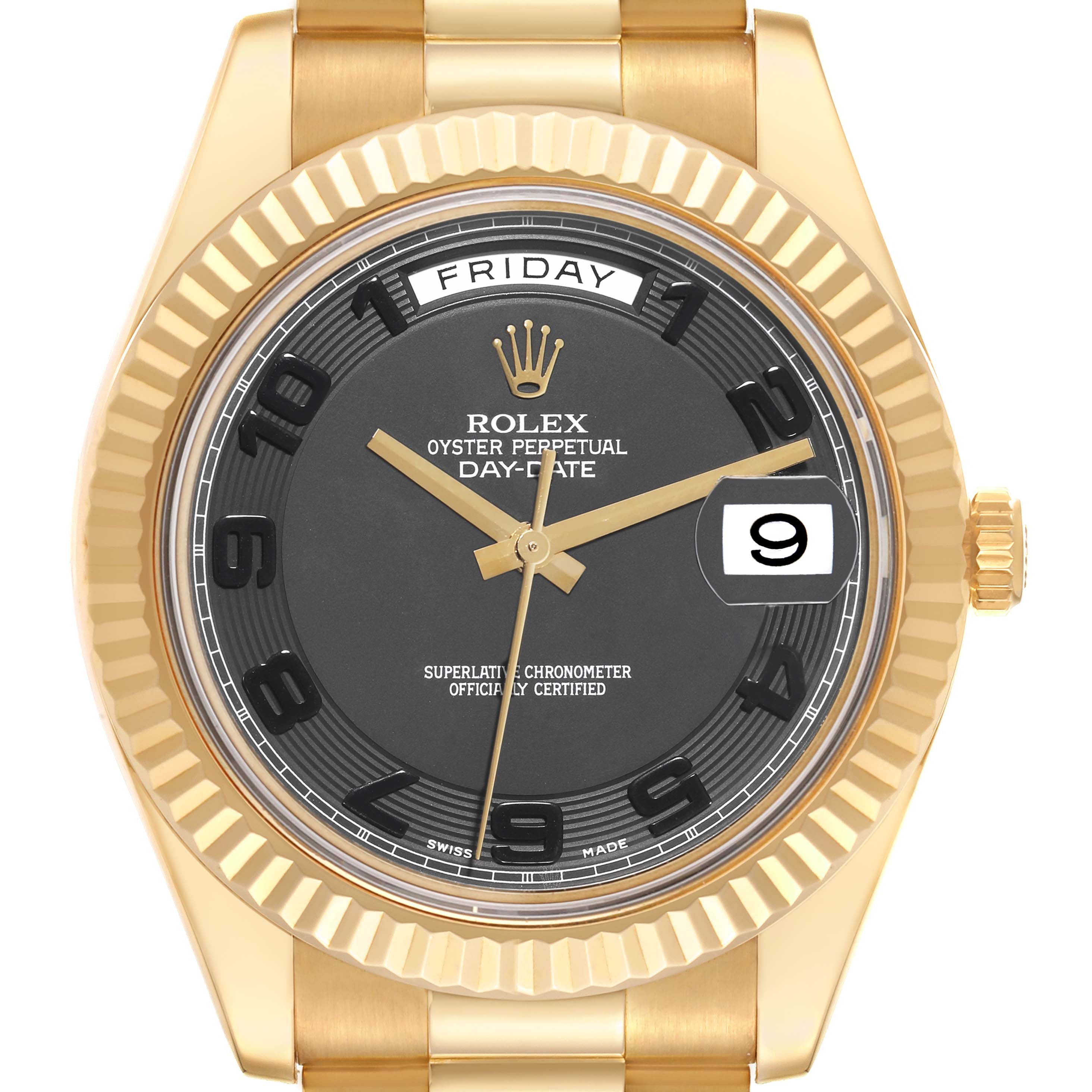 This image shows a frontal view of a Rolex President 218238 Men's Yellow Gold Black Dial 218238 Men's Yellow Gold Black Dial Oyster Perpetual Day-Date watch with a gold case and black dial.