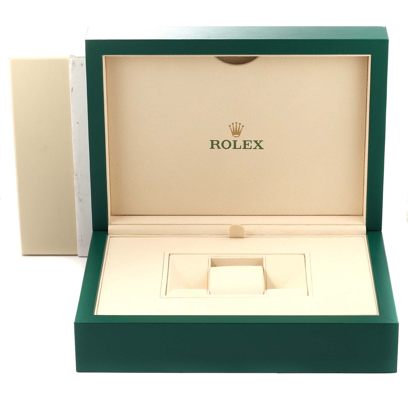 The image shows an open presentation box for the Rolex President 218238 Men's Yellow Gold Black Dial 218238 Men's Yellow Gold Black Dial model watch, revealing an empty display slot.