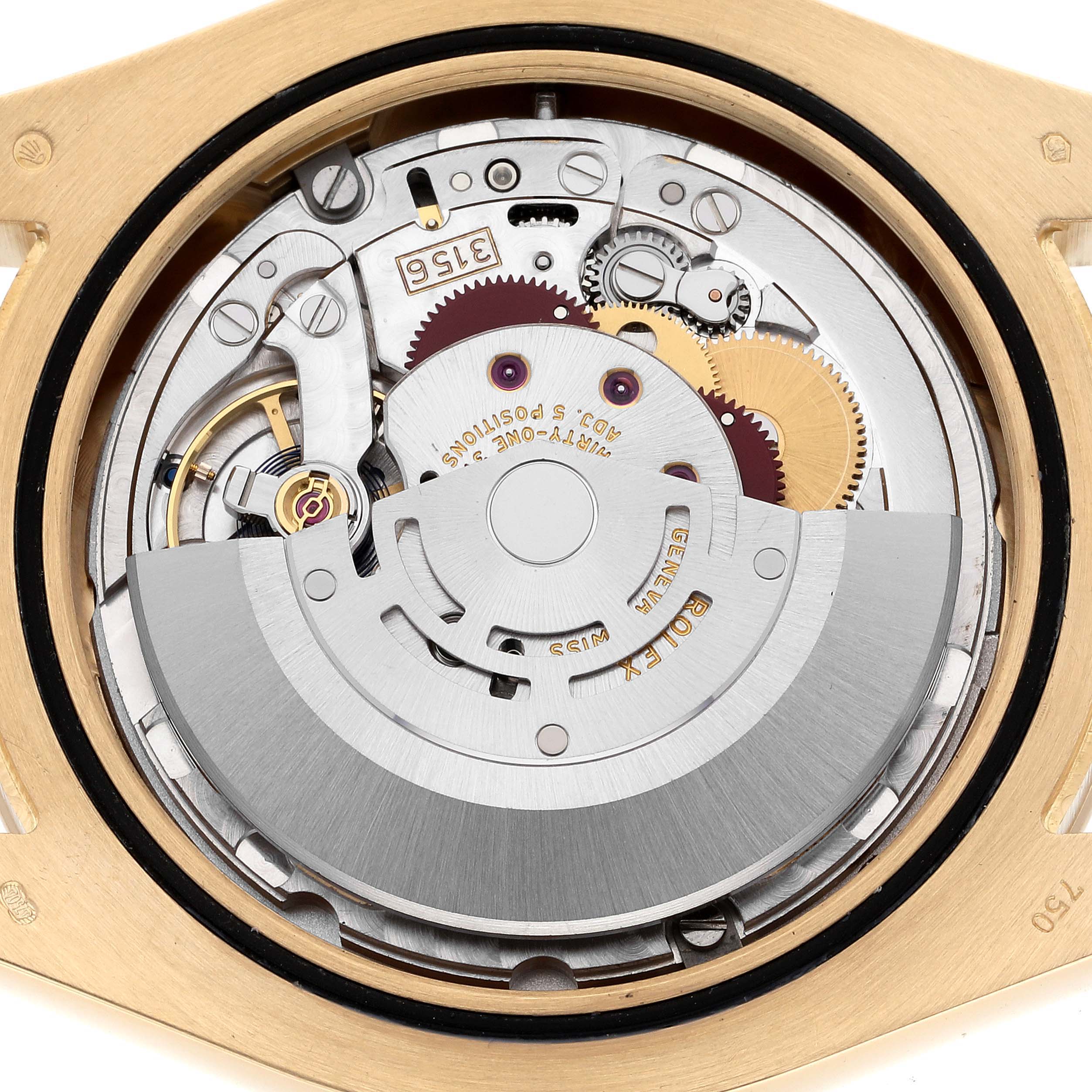 The image shows the internal movement mechanism of the Rolex President 218238 Men's Yellow Gold Black Dial 218238 Men's Yellow Gold Black Dial model watch viewed from the back.
