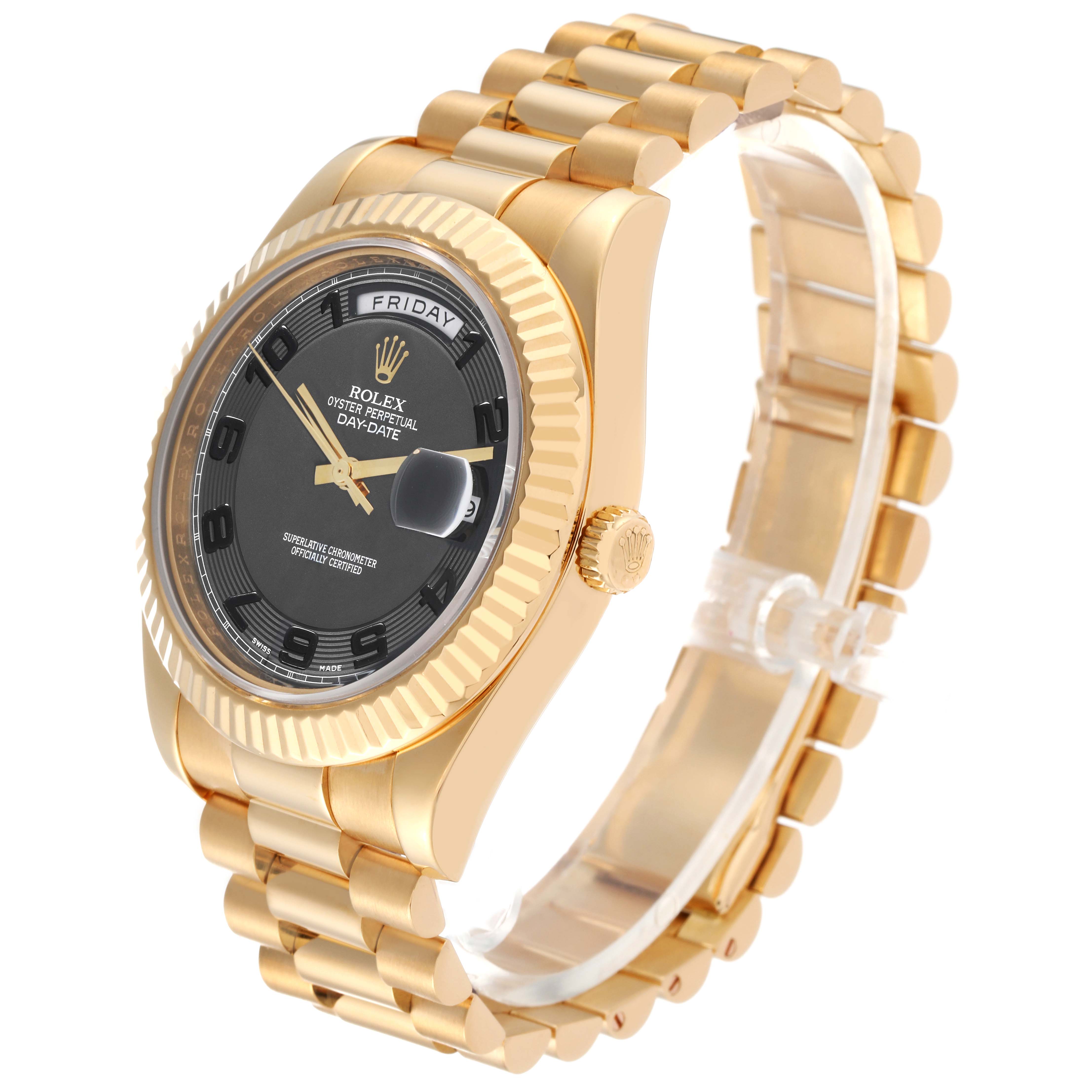 This image shows a Rolex President 218238 Men's Yellow Gold Black Dial 218238 Men's Yellow Gold Black Dial model watch viewed from an angled perspective displaying its dial, bezel, crown, and bracelet.