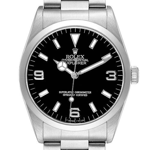 The image shows a front view of a Rolex Explorer 114270 Men's Stainless Steel Black Dial watch, detailing the black dial, silver markers, and bezel.