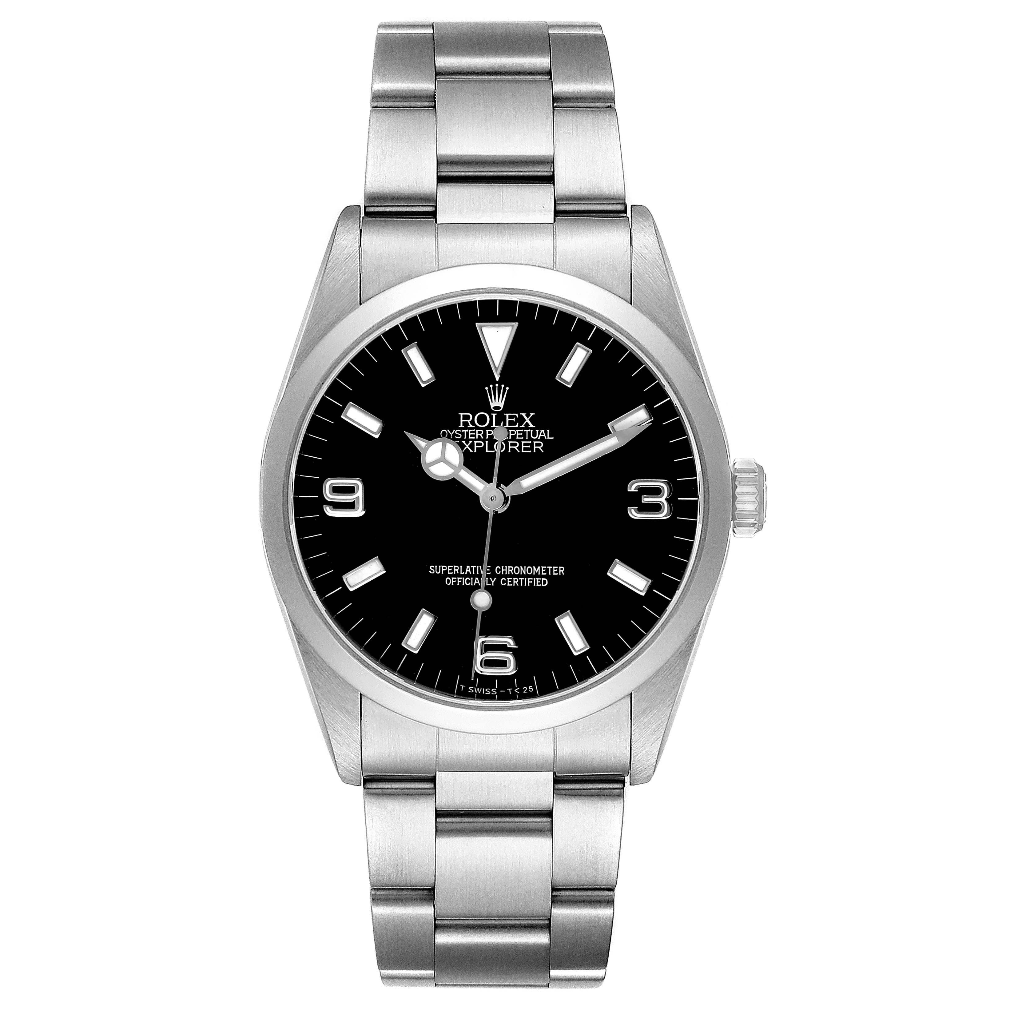 The image shows a front view of the Rolex Explorer 114270 Men's Stainless Steel Black Dial, highlighting the dial, hands, crown, and bracelet.