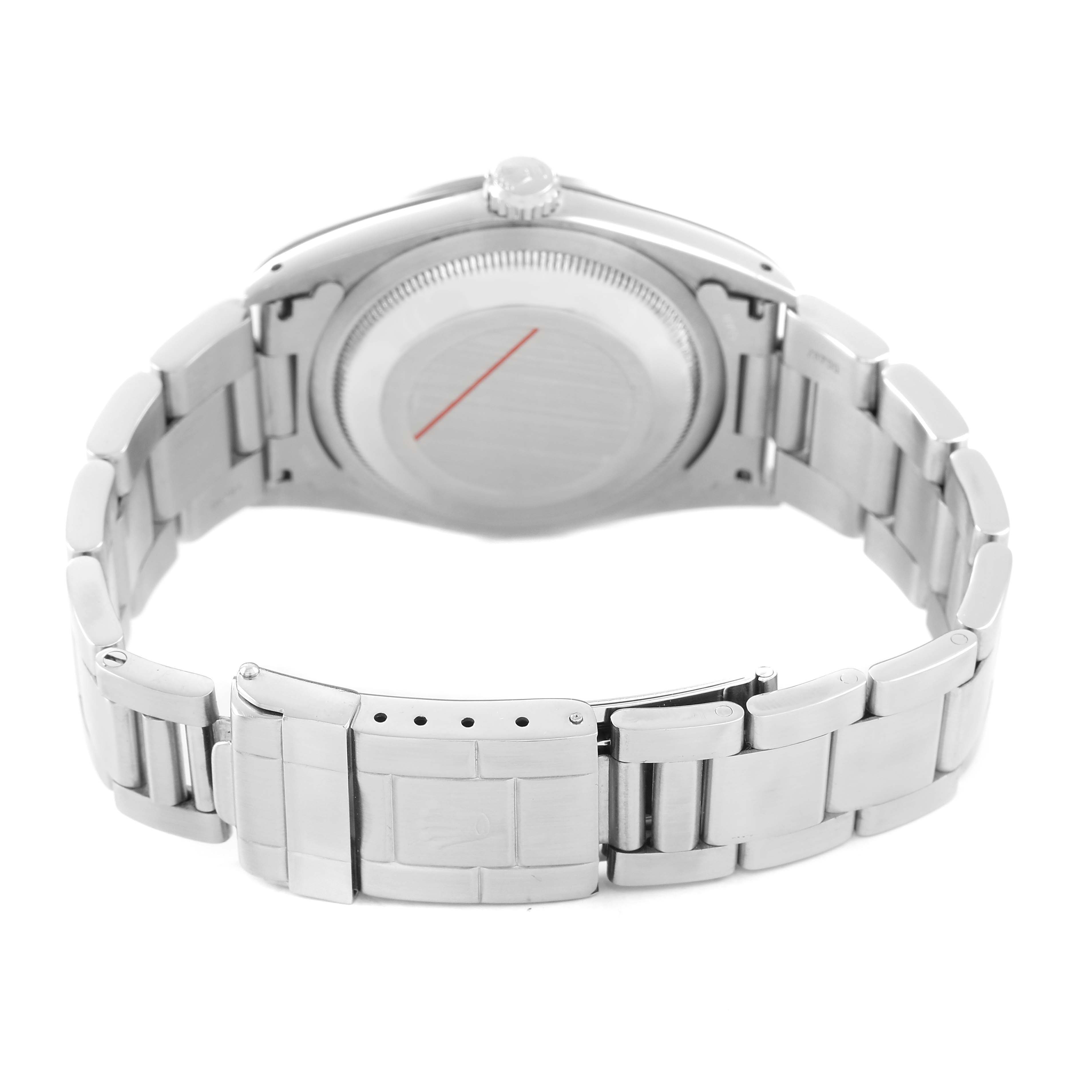 The image shows the back and bracelet of a Rolex Explorer 114270 Men's Stainless Steel Black Dial watch, highlighting the clasp and case back.