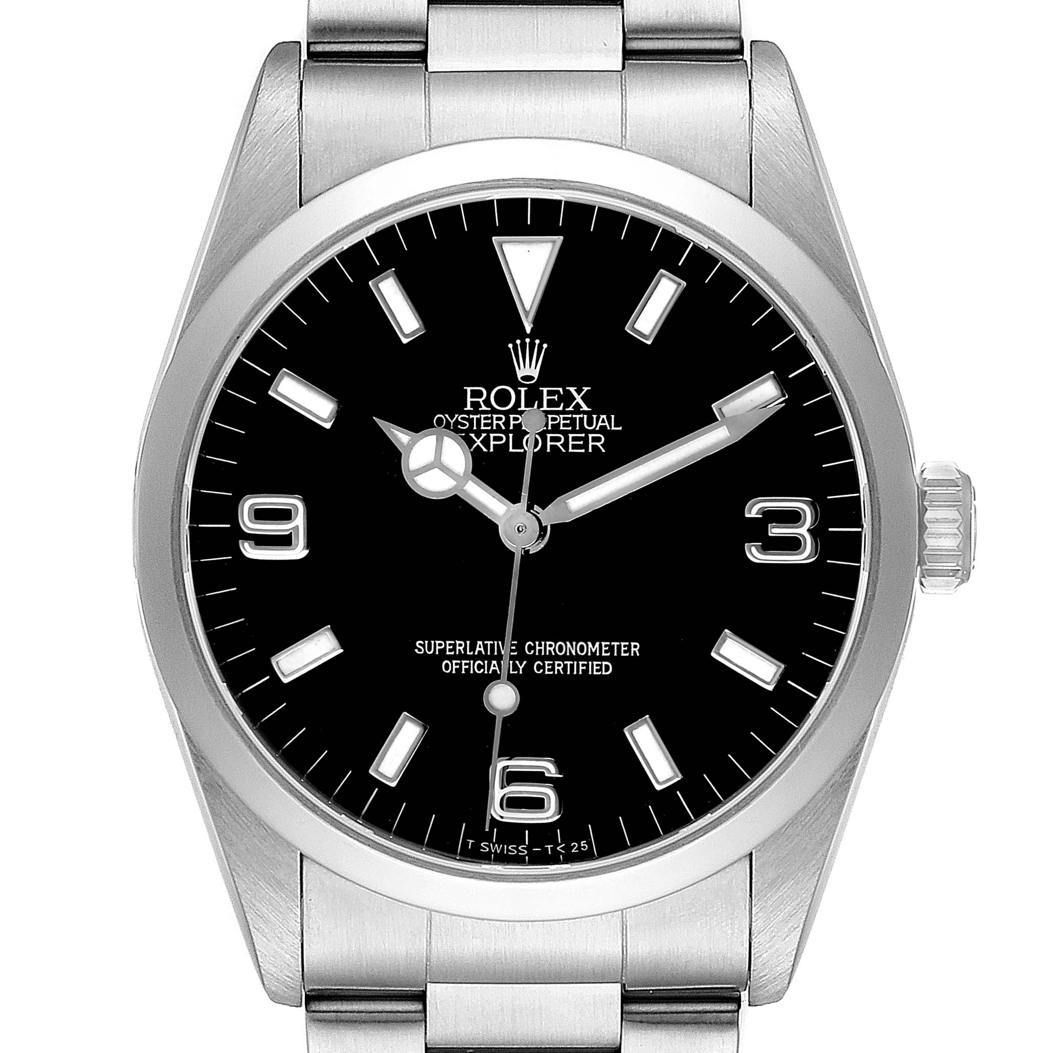 The image shows a frontal view of the Rolex Explorer 114270 Men's Stainless Steel Black Dial watch, highlighting its black dial, silver hour markers, and bezel.