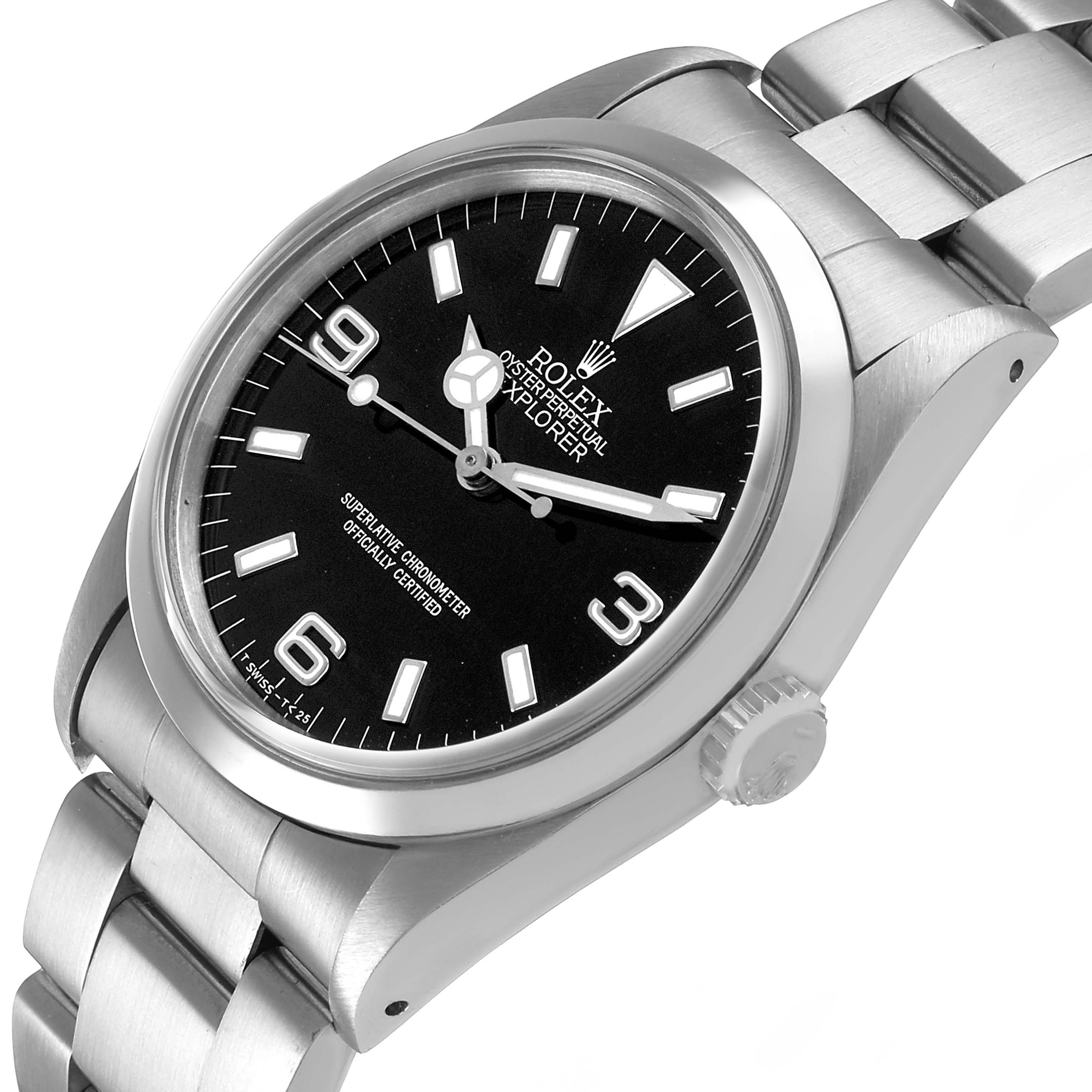 The Rolex Explorer 114270 Men's Stainless Steel Black Dial watch is shown at an angled close-up, highlighting the dial, bezel, and part of the bracelet.