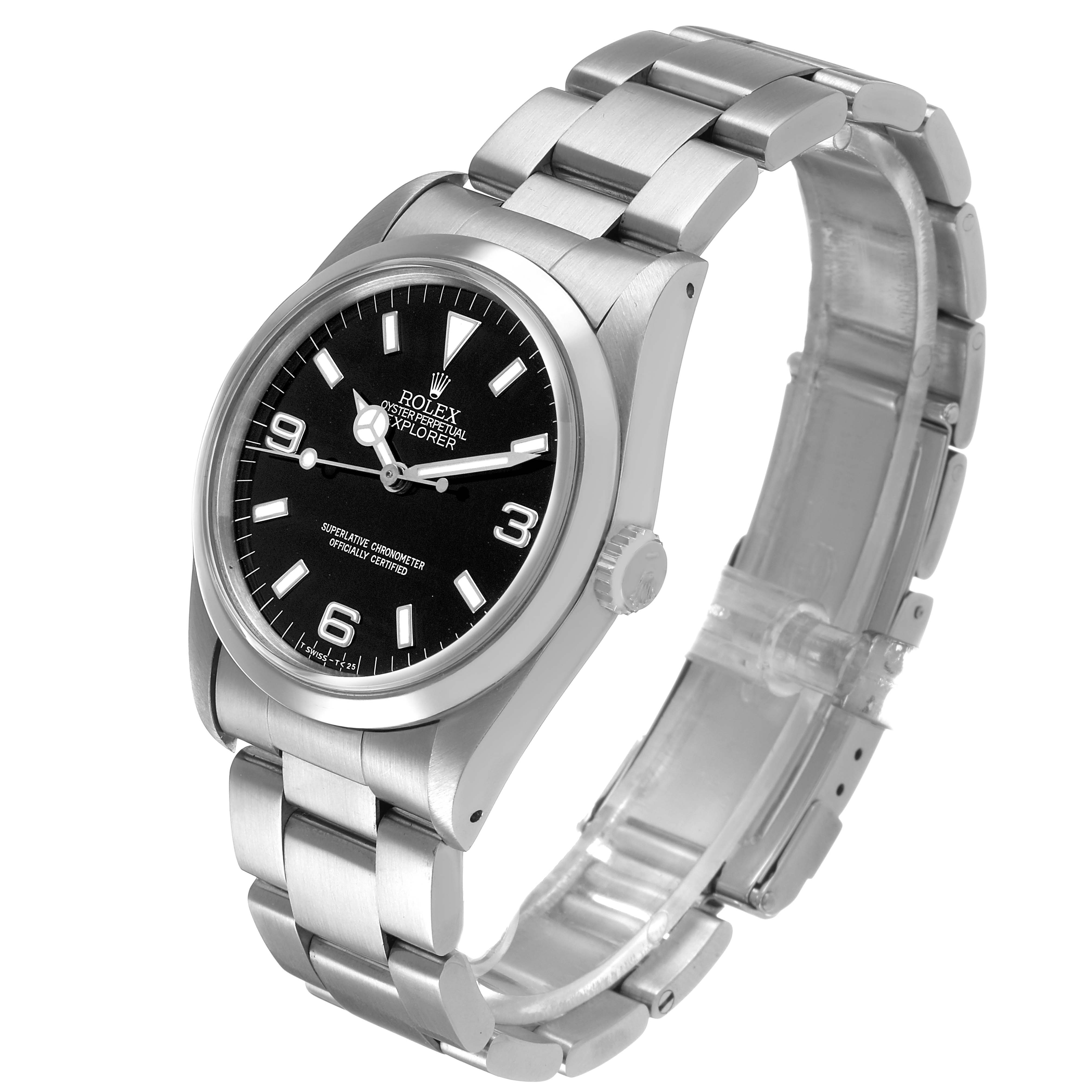 The Rolex Explorer 114270 Men's Stainless Steel Black Dial watch is shown at a three-quarter angle, highlighting the dial, bracelet, and side profile.
