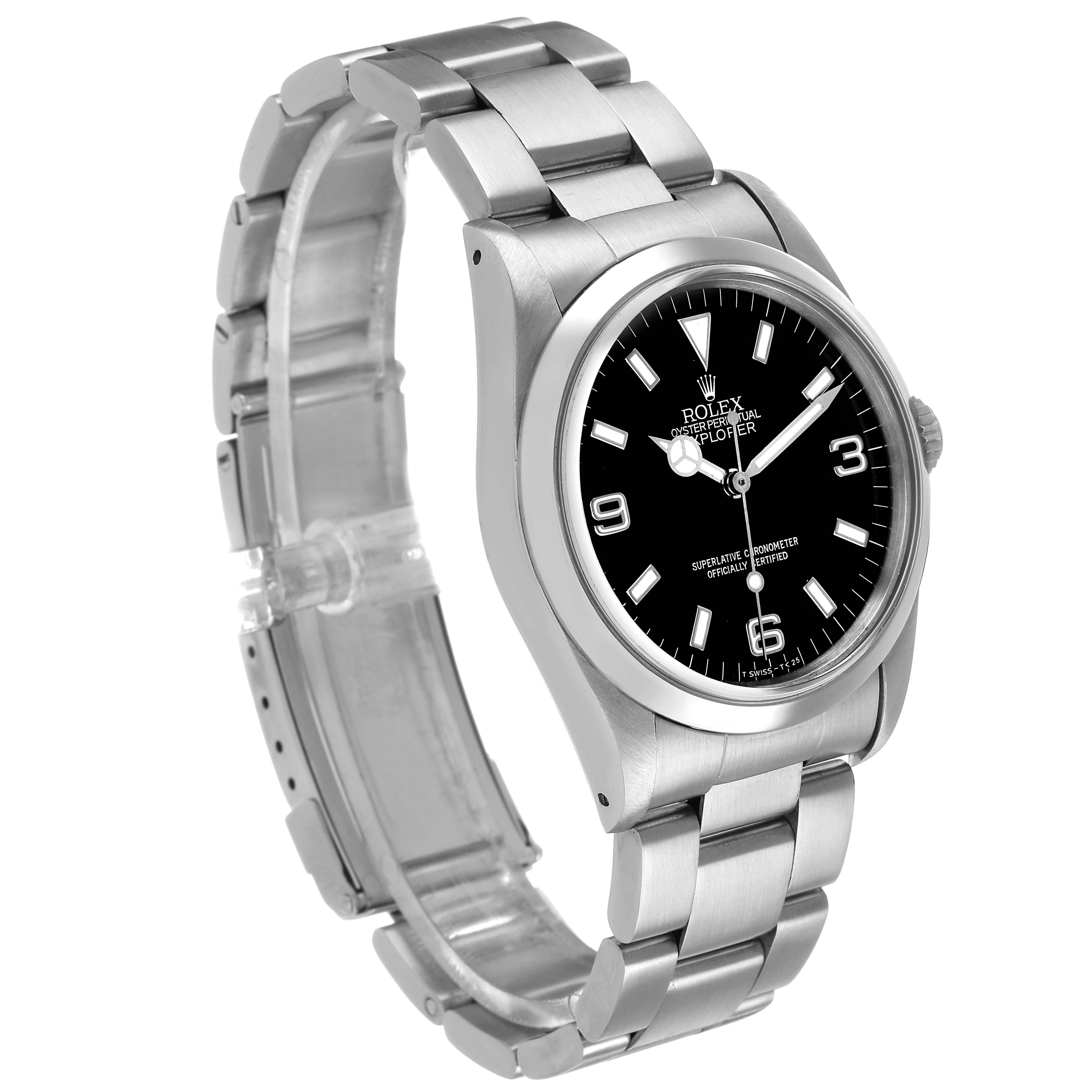 The Rolex Explorer 114270 Men's Stainless Steel Black Dial watch is shown at a three-quarter angle, highlighting the face, bezel, and bracelet.